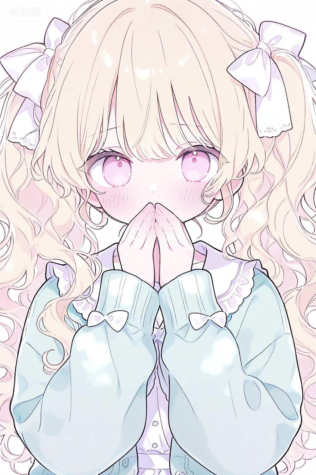 1girl, solo, long hair, blush, looking at viewer, blonde hair, bow, simple background, upper body, cardigan, hair bow, twintails, long sleeves, covering own mouth, frills, pink eyes, white bow, blue cardigan, wavy hair, white background, dress, ribbon, jacket