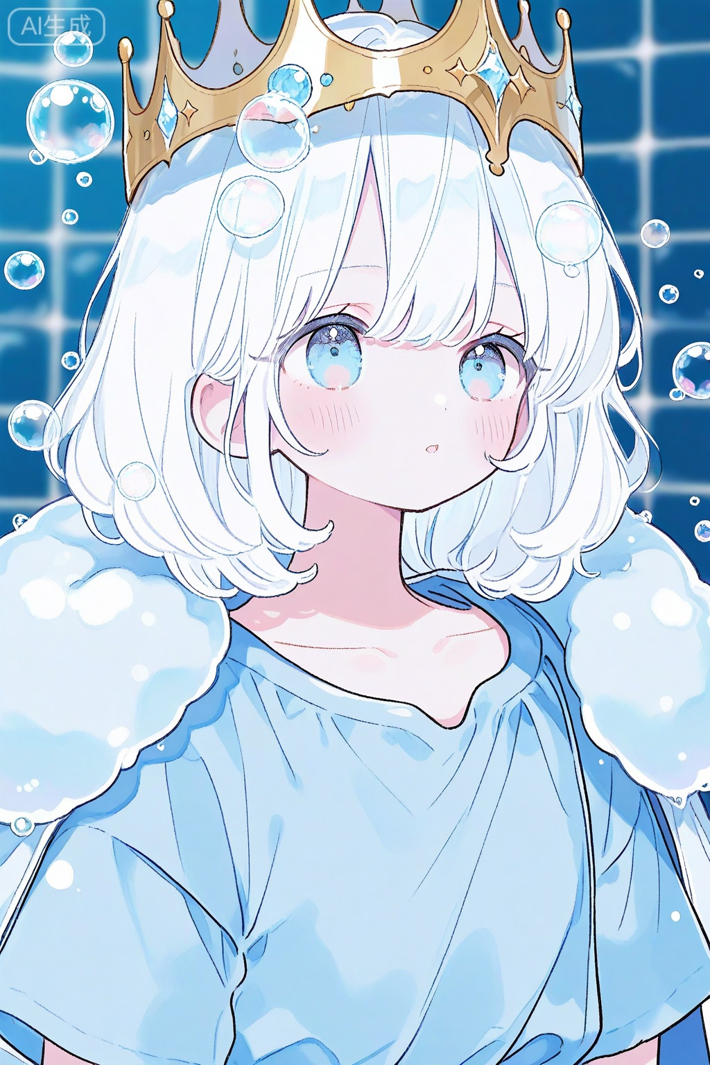 1girl, solo, white hair, crown, blue eyes, upper body, short sleeves, shirt, blush, short hair, blue shirt, medium hair, bubble, parted lips, cape, blurry, collarbone, tile wall, blurry background
