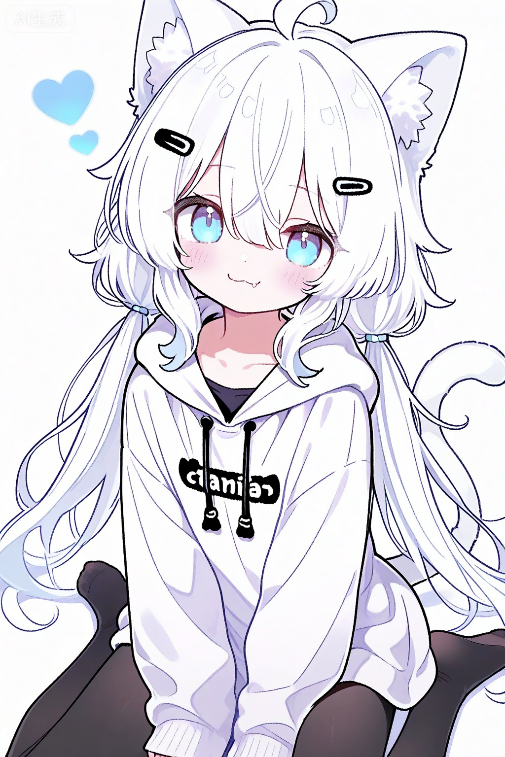 1girl, solo, long hair, looking at viewer, blush, smile, bangs, blue eyes, simple background, hair ornament, long sleeves, white background, animal ears, hair between eyes, twintails, sitting, closed mouth, collarbone, tail, ahoge, white hair, heart, pantyhose, hairclip, cat ears, hood, cat tail, animal ear fluff, sleeves past wrists, black pantyhose, hoodie, :3, wariza, no shoes, hood down, cat girl, clothes writing, between legs, hand between legs, drawstring, fang out, white hoodie

