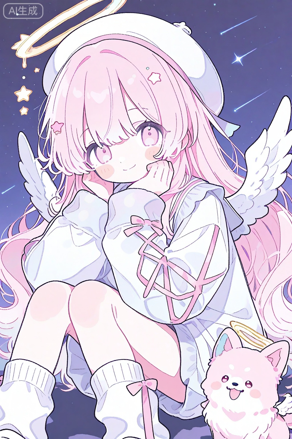 1girl, pink hair, long hair, pink eyes, smile, hat, white headwear, dog, looking at viewer, solo, wings, halo, long sleeves, closed mouth, star \(sky\), animal, sitting, socks, beret, cross-laced sleeves, blush, blush stickers, white wings, loose socks, white socks, starry sky