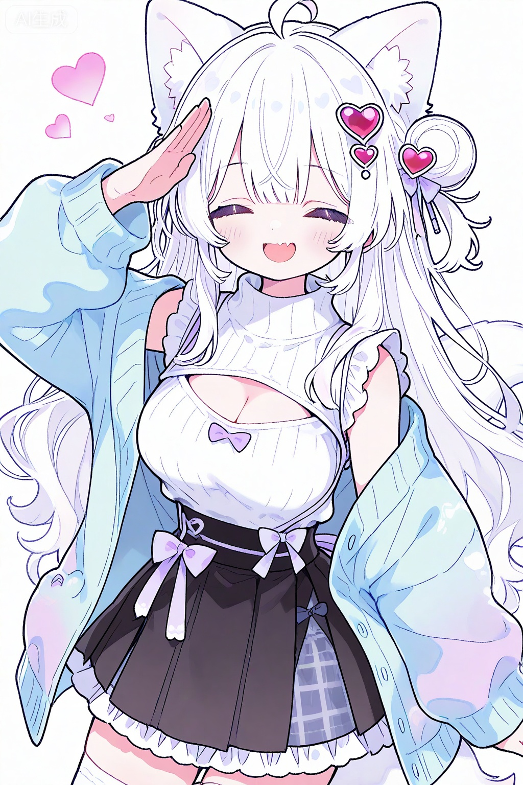 1girl, animal ears, solo, white hair, skirt, breasts, clothing cutout, thighhighs, cleavage cutout, long hair, white thighhighs, closed eyes, animal ear fluff, hair bun, ahoge, simple background, bow, white background, sweater, virtual youtuber, black skirt, smile, cleavage, fang, cat ears, open mouth, open clothes, skin fang, sleeveless, hair ornament, salute, jacket, zettai ryouiki, single side bun, frills, plaid, cowboy shot, turtleneck, heart hair ornament, blush, frilled skirt, facing viewer, medium breasts, ribbon, long sleeves, one side up, heart, blue jacket, blue bow, large breasts, pleated skirt, off shoulder, purple bow, open jacket, miniskirt,fox tail