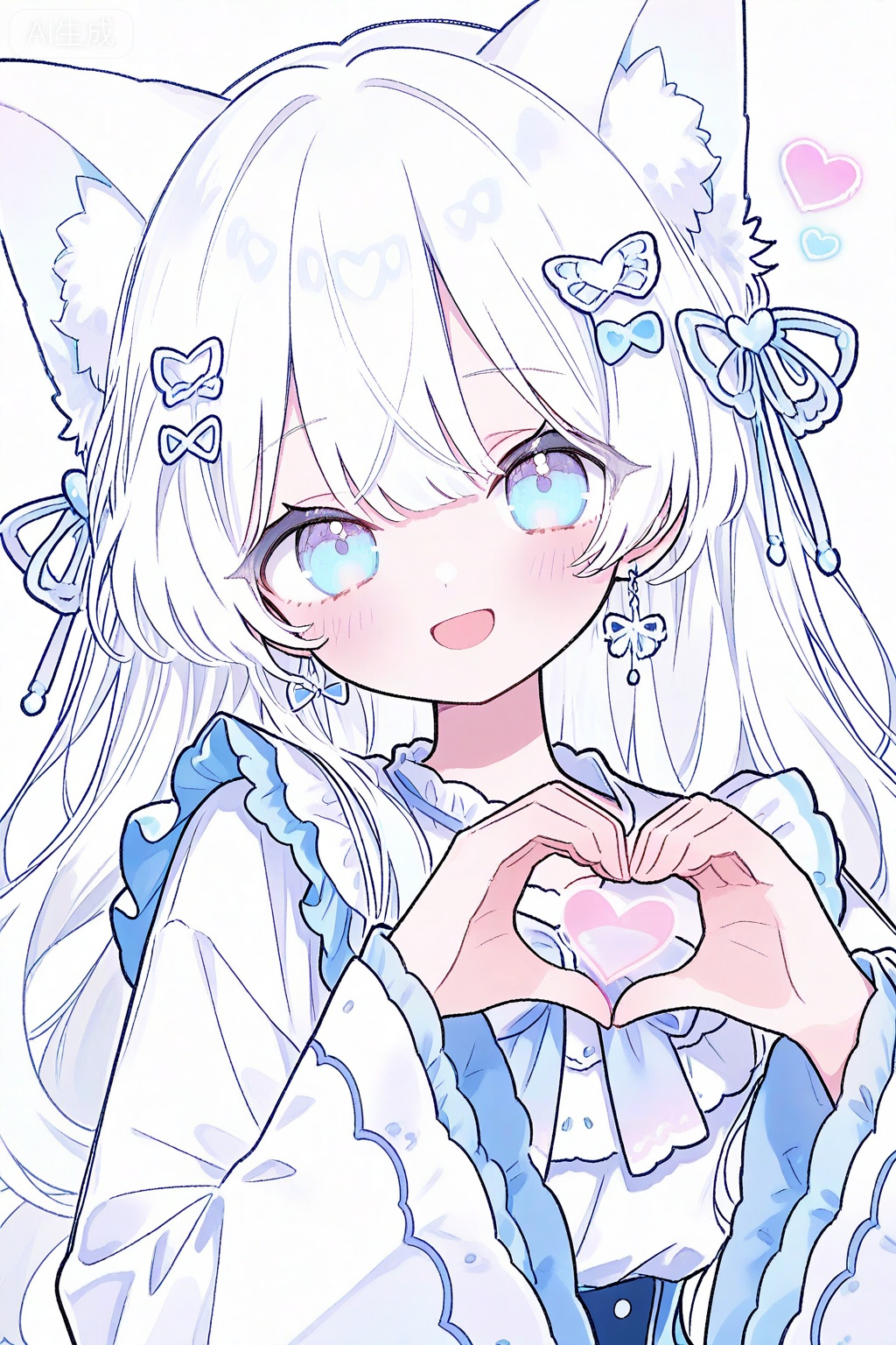 1girl, heart, heart hands, solo, animal ears, blue eyes, white hair, long hair, smile, blush, long sleeves, looking at viewer, jewelry, open mouth, animal ear fluff, earrings, upper body, simple background, frills, hair ornament, cat ears, white background, shirt, white shirt, blue bow, bow, wide sleeves, dress, :d