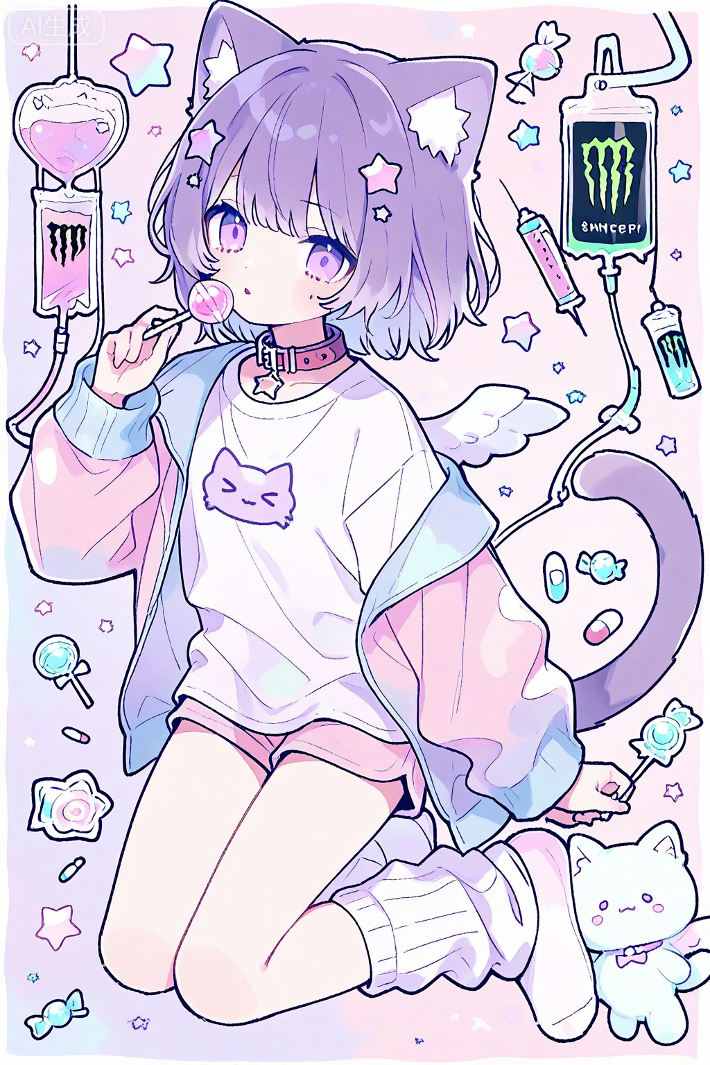 1girl, animal collar, animal ear fluff, animal ears, candy, cat ears, cat girl, cat tail, collar, food, hair ornament, holding, holding candy, holding food, holding lollipop, intravenous drip, jacket, lollipop, loose socks, monster energy, pill, pink shorts, purple eyes, purple hair, shirt, shorts, socks, solo, star \(symbol\), star hair ornament, stuffed animal, stuffed toy, syringe, t-shirt, tail, virtual youtuber, white shirt, wings, yume kawaii

