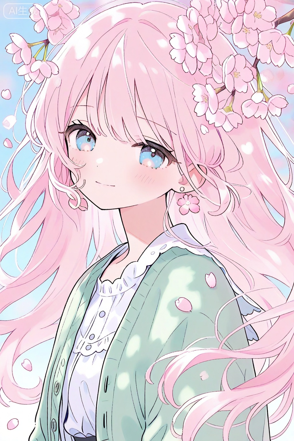 1girl, solo, long hair, pink hair, cherry blossoms, smile, earrings, jewelry, shirt, flower earrings, looking at viewer, blush, white shirt, upper body, cardigan, petals, flower, blue eyes, closed mouth, outdoors, jacket, pink flower, skirt, open clothes, frills, buttons, green cardigan, blue cardigan, branch