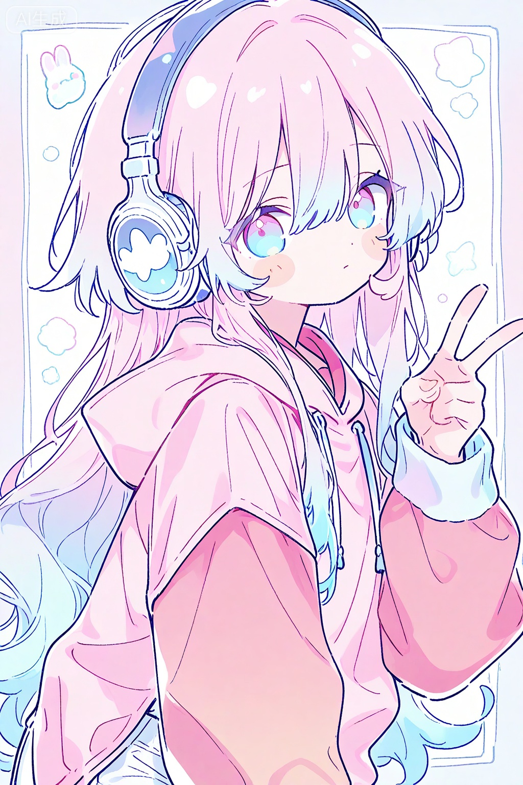 1girl, solo, hood, pink hair, hoodie, long hair, headphones, pink hoodie, blue hair, multicolored hair, long sleeves, hood down, v, white shorts, shorts, closed mouth, blue eyes, drawstring, gradient hair, pastel colors, blush stickers, very long hair, white pants, hair between eyes, sidelocks, pink sleeves, upper body, detached sleeves