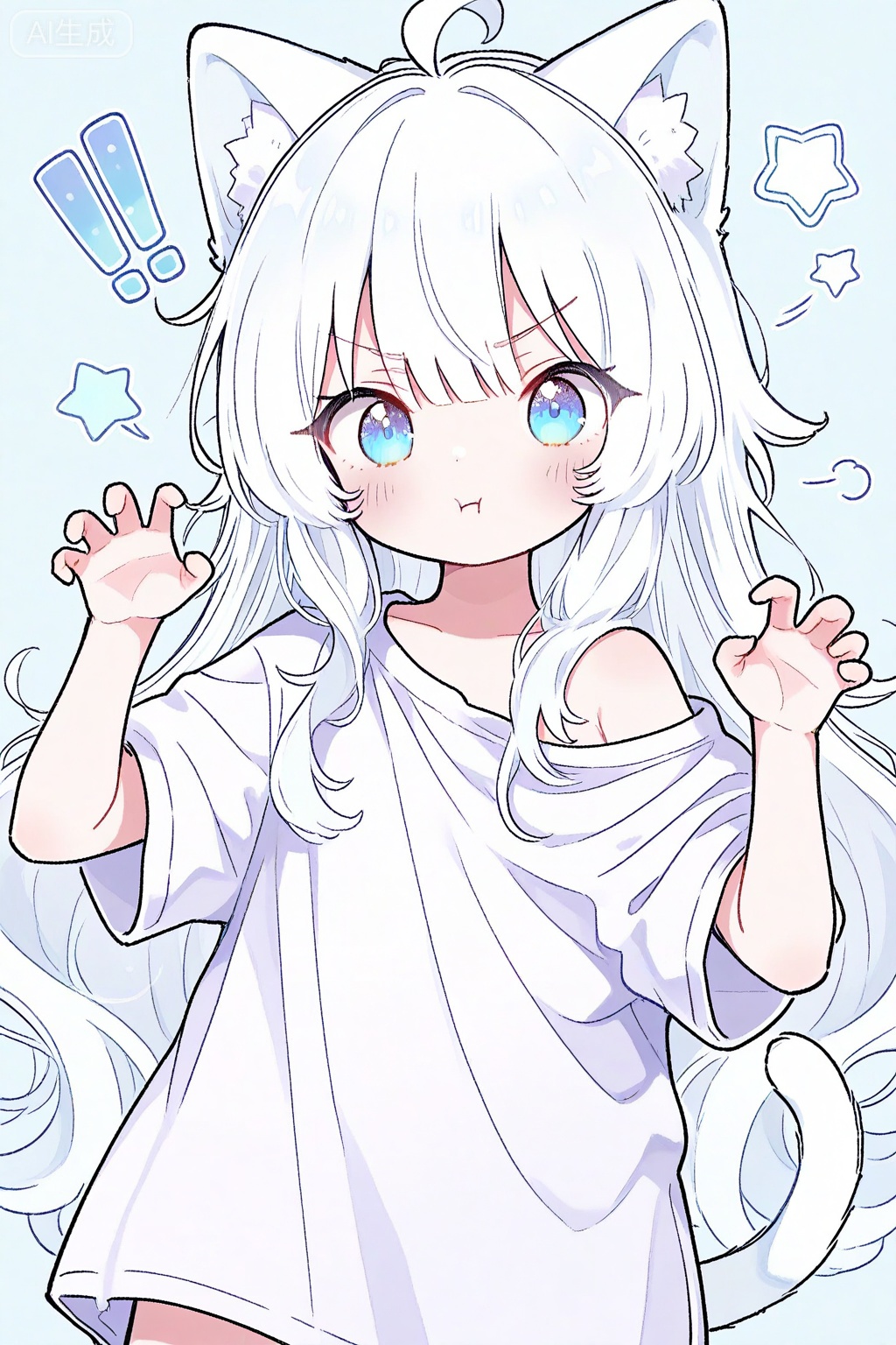 loli, 1girl, solo, long hair, looking at viewer, blush, bangs, blue eyes, simple background, shirt, animal ears, very long hair, closed mouth, tail, white shirt, ahoge, white hair, short sleeves, cat ears, off shoulder, star \(symbol\), v-shaped eyebrows, cat tail, animal ear fluff, hands up, blue background, cat girl, !, :t, pout, claw pose, !!, oversized shirt

