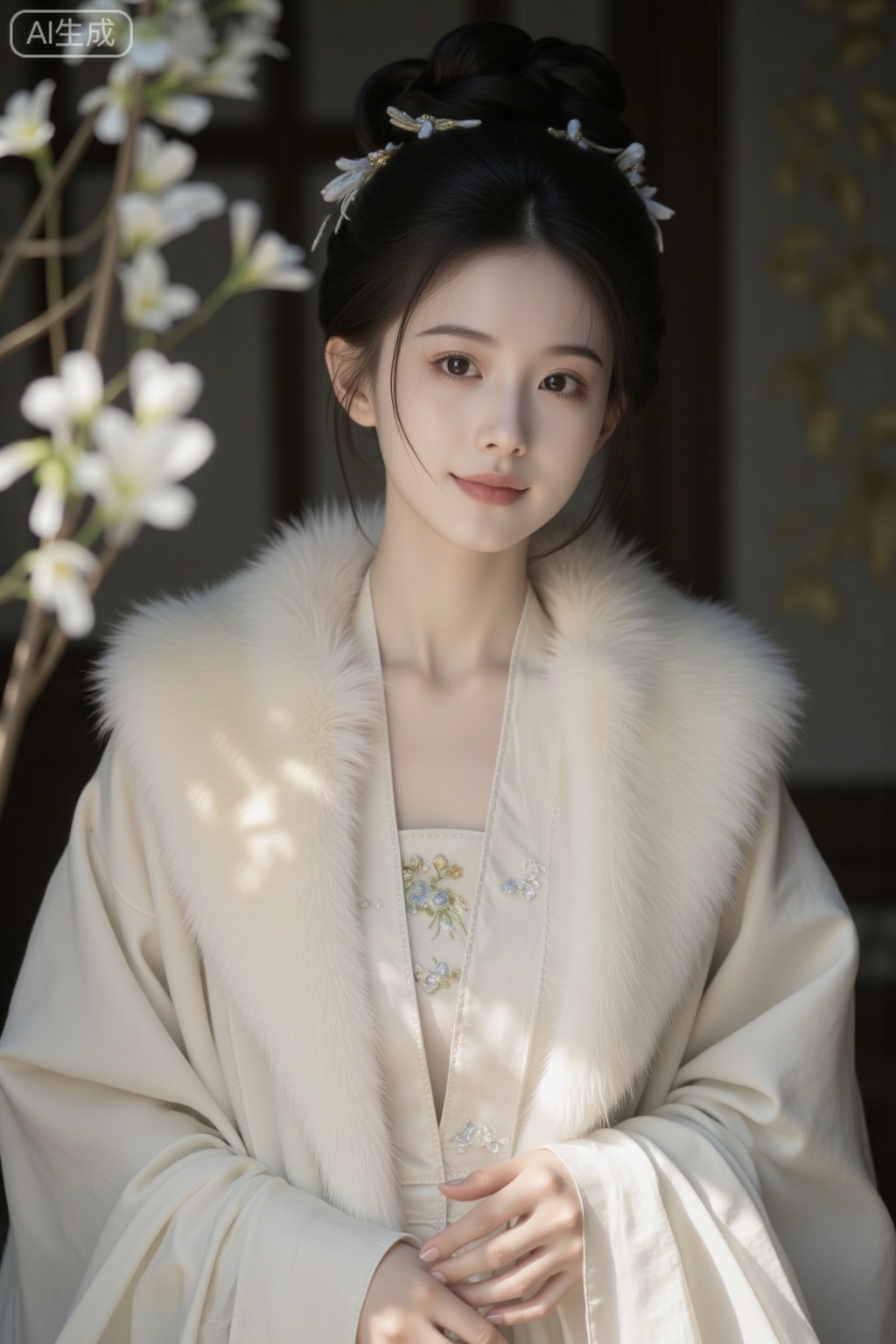 Song Dynasty, A Song Dynasty noble lady's dress that exudes a soft luster throughout, personified and transformed into a beauty, with delicate features and exquisite makeup. High-definition face, slender hands, exquisite details, ultra-high definition, masterpieces, ultra-realistic, ultra-realistic, thick coating, oil painting, moderate saturation, the atmosphere of the picture is at its peak, full-body close-up, full-body photo