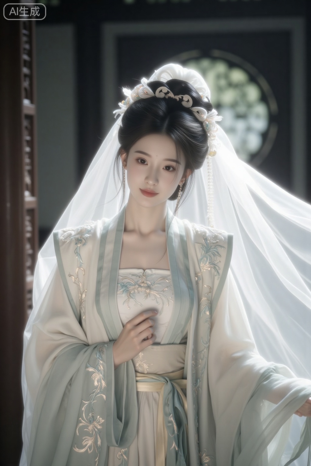 Song Dynasty, A virtual seven-color light of the supreme princess of the Song Dynasty, with bright white flowing light surrounding her, close-up of her face. Alita was dressed in traditional Chinese clothing from the Song Dynasty. The clothes were of high quality, elegant and grand, with beautiful textures. Background: The background of the ancient grand hall is blurred. Character motion effects, action effects, high-level film capture special effects, ray tracing effects. 8k picture quality.