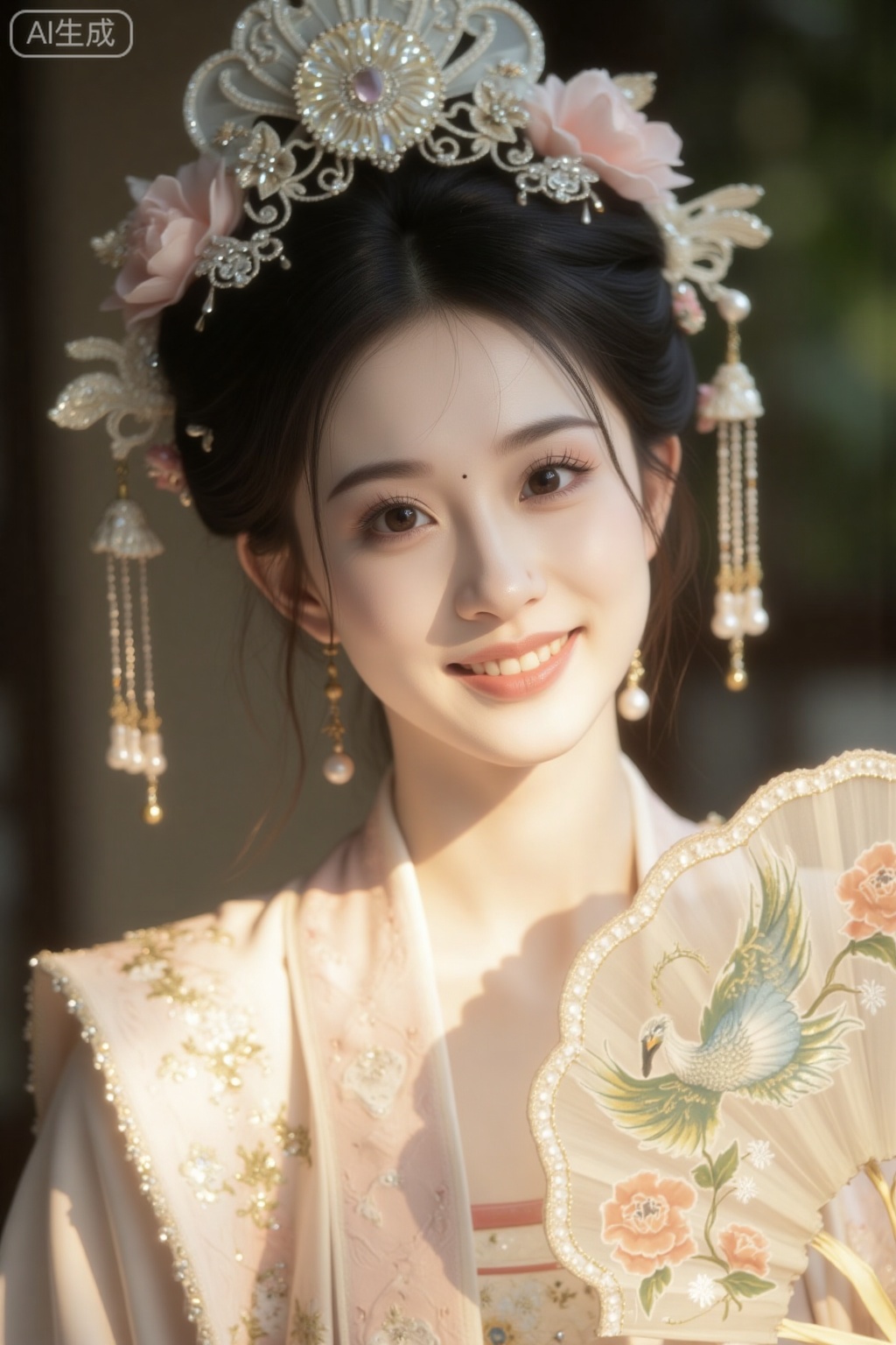 High definition portrait, presented in a professional portrait photography style. Human beauty. Exquisite makeup and professional portrait photography style. The subject is a person with fair skin and a pure and elegant makeup, dressed in decorated Song Dynasty costumes, wearing a large and gorgeous phoenix crown, and holding a flower shaped fan. Using close-up half body shots and extreme close ups, highlighting the portrait and creating a dreamy and beautiful atmosphere, presented in soft tones and super detailed depictions, with variations in clothing colors, phoenix crown styles, and light and shadow effects. High definition portrait, presented in a professional portrait photography style. Film photography with cinematic texture, using an impressionistic style, presents hazy poetic and unique grainy images, professional portrait photography, showcasing a warm artistic atmosphere and a classical oil painting like texture. Using master level unconventional and unique composition to create an atmosphere of mottled light and shadow, and blurred focus. Beautiful woman with a smile, bright eyes, gorgeous clothing, lace, bow, embroidery, pink, mint green, beige, gold, luxurious, sunset glow, pearl and gemstone decoration, exquisite makeup, high-resolution