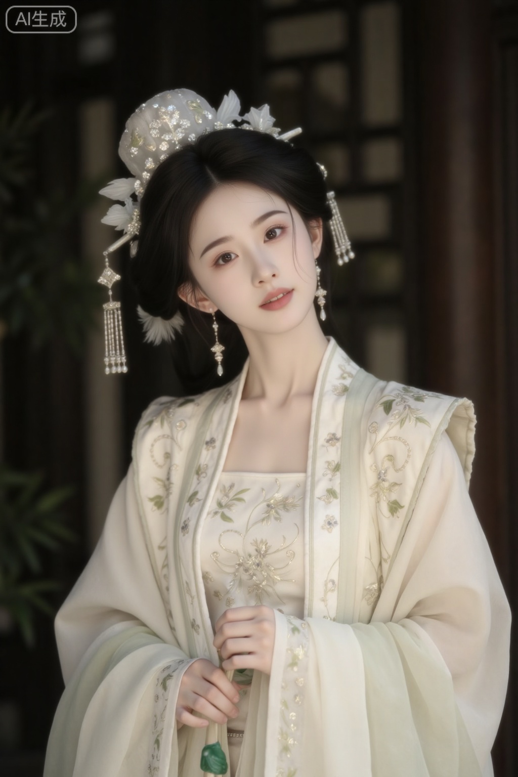 Song Dynasty, High-definition, beautiful woman of the Song Dynasty, elegant and noble, dignified and graceful, gentle and generous, with a peaceful expression, dressed in splendid clothes and adorned with jewels and jade, dignified and imposing. High definition, high contrast, saturation