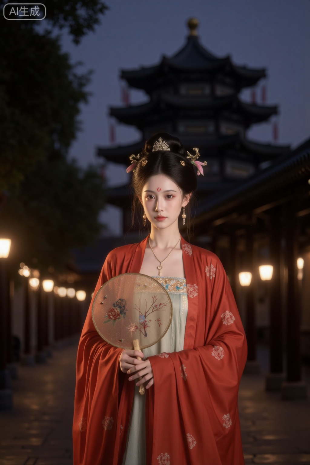 Datang, The beauty of the Tang Dynasty, set against the backdrop of the Tang Dynasty Ever-Bright City in ** 'an, takes you back to the prosperous scene of the Tang Dynasty. A princess in a red Hanfu, decorated with Tang Dynasty ornaments, had a bright and gorgeous makeup, with petals painted on her forehead and between her eyebrows. She stood in front of the Tang Dynasty Ever-Bright City, holding a round fan to cover half of her face. The street was dimly lit, complementing the Great Wild Goose Pagoda that had stood for a thousand years in the distance, as if she had truly returned to the prosperous Tang Dynasty. Ancient style