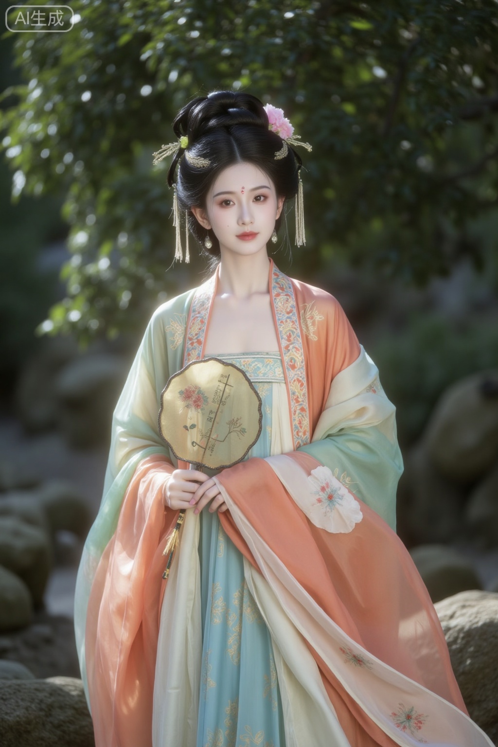 Datang, Peony embroidered chest-length blouse and skirt, with bright and retro colors, exquisite and grand makeup, holding a palm-leaf fan, traveling through time and space, dreaming back to the Tang Dynasty, and becoming a gentle and reserved beauty of the Tang Dynasty for once