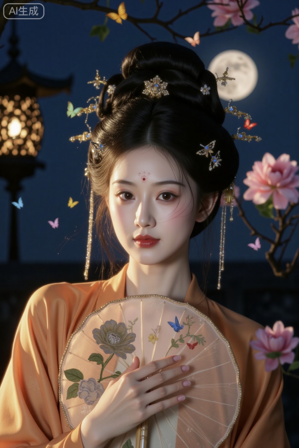Datang, Portrait photography, medium shot close-up of a person, with a film feel. A noble, elegant, gentle and virtuous ancient Chinese beauty from the Tang Dynasty. She is the emperor's daughter, Princess Qian Sui. She wears warm-toned and magnificent Tang Dynasty clothing. Tang Dynasty decorations and elaborate updo headwear are added with various jewels and gold ornaments. The princess has a duck egg face, big eyes, and willow leaf upturned eyebrows. Her face is very cute and pretty. The charming and alluring temperament and expression, high nose bridge, brown and shiny pupils, long and thick eyelashes, extremely beautiful, elegant and noble. The facial makeup of a noble lady in the Tang Dynasty, only the middle of the lips is painted red, and the color of the lips becomes lighter as it approaches the corners of the mouth. A peony flower is painted in vermilion on the forehead, and a light blush is applied, with a red dot on each part of the blush. She holds a delicate round fan Half of the young lady's face has a contour light. The deep blue night sky, the huge and super round moon, the traditional Chinese-style carved peony flower lantern hanging on the apricot tree, the colorful butterflies resting on the round fan, the gentle breeze caressing her face, and her hair flowing gracefully