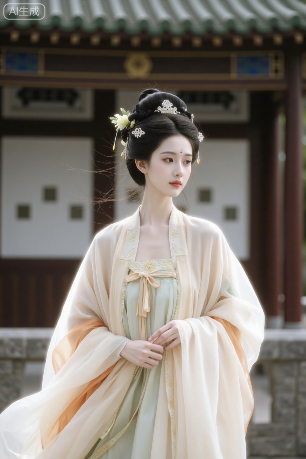 Datang, In the ancient costume of the Tang Dynasty, the headwear was also a Tang Dynasty bun, and she wore a light white gauze dress. Even if she didn't come in full dress, her makeup was overly simple. But the more she did so, the more people felt that she was naturally beautiful. Her eyebrows were dark without painting, and her lips were red without painting. Her snow-white skin was like snow from the sky, giving people a sense of being out of reach. But her pair of bright eyes were like chess pieces, and when her gaze gently moved, It brought her down to the mortal world again, revealing a natural charm and liveliness, even a touch of garish color