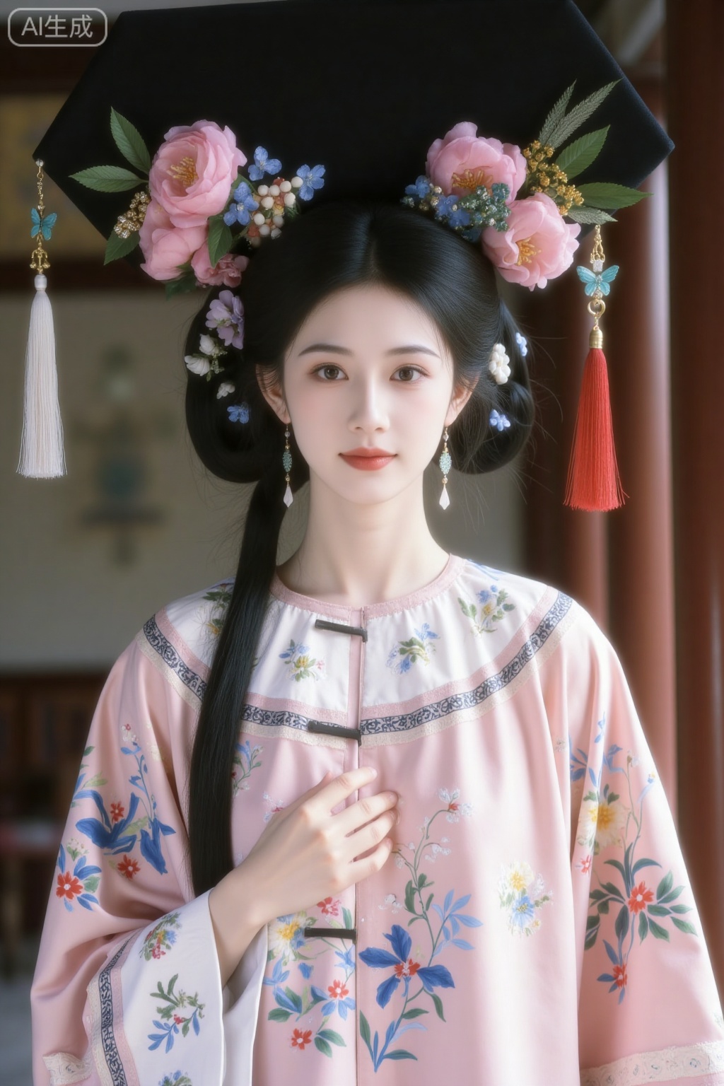 Qing Dynasty beauties, A woman in a manchu dress of the Qing Dynasty wore a pink manchu robe embroidered with colorful flowers and had a white stand-up collar. Wearing a black flag head, decorated with large pink peonies, and adorned with exquisite jewelry and butterfly-shaped ornaments, with a long red tassel hanging from one side and blue-green earrings on the ears, the background is a traditional Chinese interior scene.
