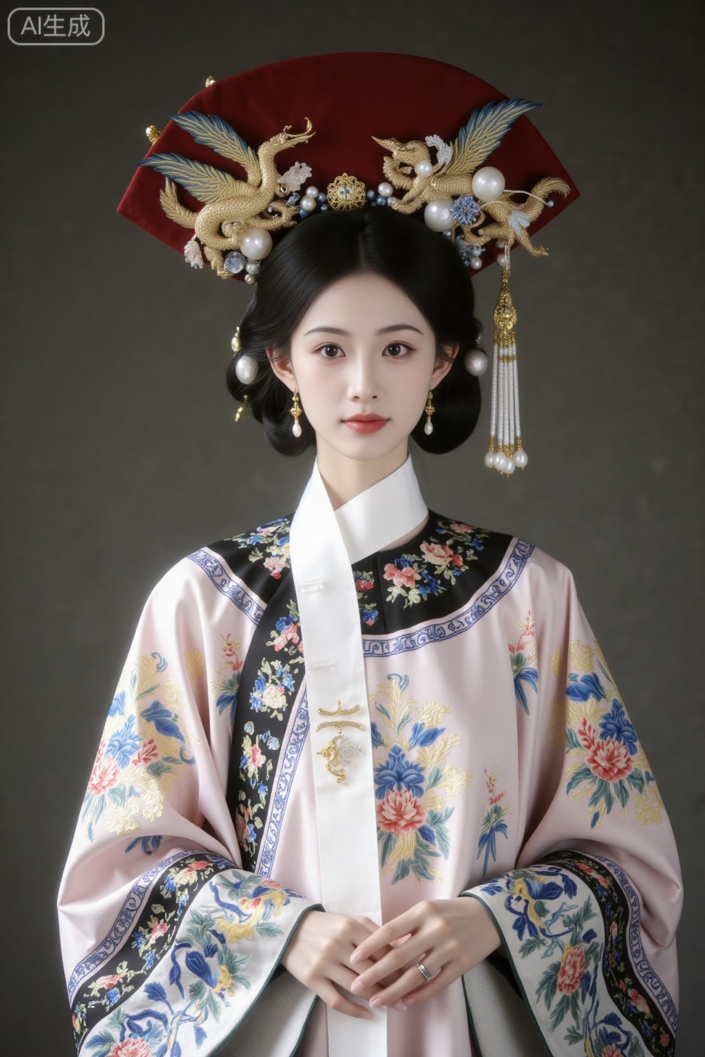 A noble, proud and domineering Chinese beauty is dressed in the attire of a Qing Dynasty empress. The crown is adorned with a red hat weft, with three layers of golden phoenixes running through the east pearl at the top. The weft of the hat is adorned with golden phoenixes and precious pearls. The back of the crown is decorated with a golden string, and the tail of the string hangs down with five rows of a total of 320 pearls, each row accompanied by lapis lazuli, east pearls and other gemstones. The end is decorated with coral. The court robes are embroidered with exquisite patterns such as blue and golden dragons and flowers, and the lapels are embroidered with dragon designs. She first put on the court robe, then wrapped the cloud shoulder shawl around her neck, with its width approximately at the position of the second button. The cloud shoulder fabric is firm and upright, with an overall broad and upturned shape. The shoulder area is 10 centimeters wider to the left and right than