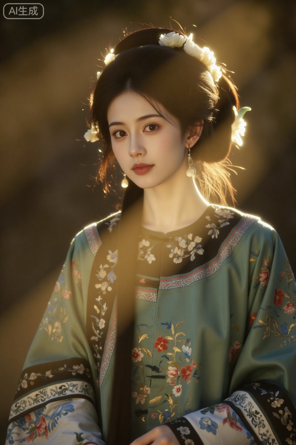 Qing Dynasty beauties, A beautiful woman with waith-length hair and magnificent Qing Dynasty clothing, wearing a few jade heirlooms, is in a close-up of her entire body. The photography style is film, with blurry focus. Her expression is decadent and lazy. The film has a grainy texture, a slow shutter speed, a hazy aesthetic, and a sense of layering. It is in the style of Chinese dream core and Strange Tales from a Chinese Studio. All kinds of evil spirits are faintly seen, bizarre and eerie, with a yellow light shining on her face