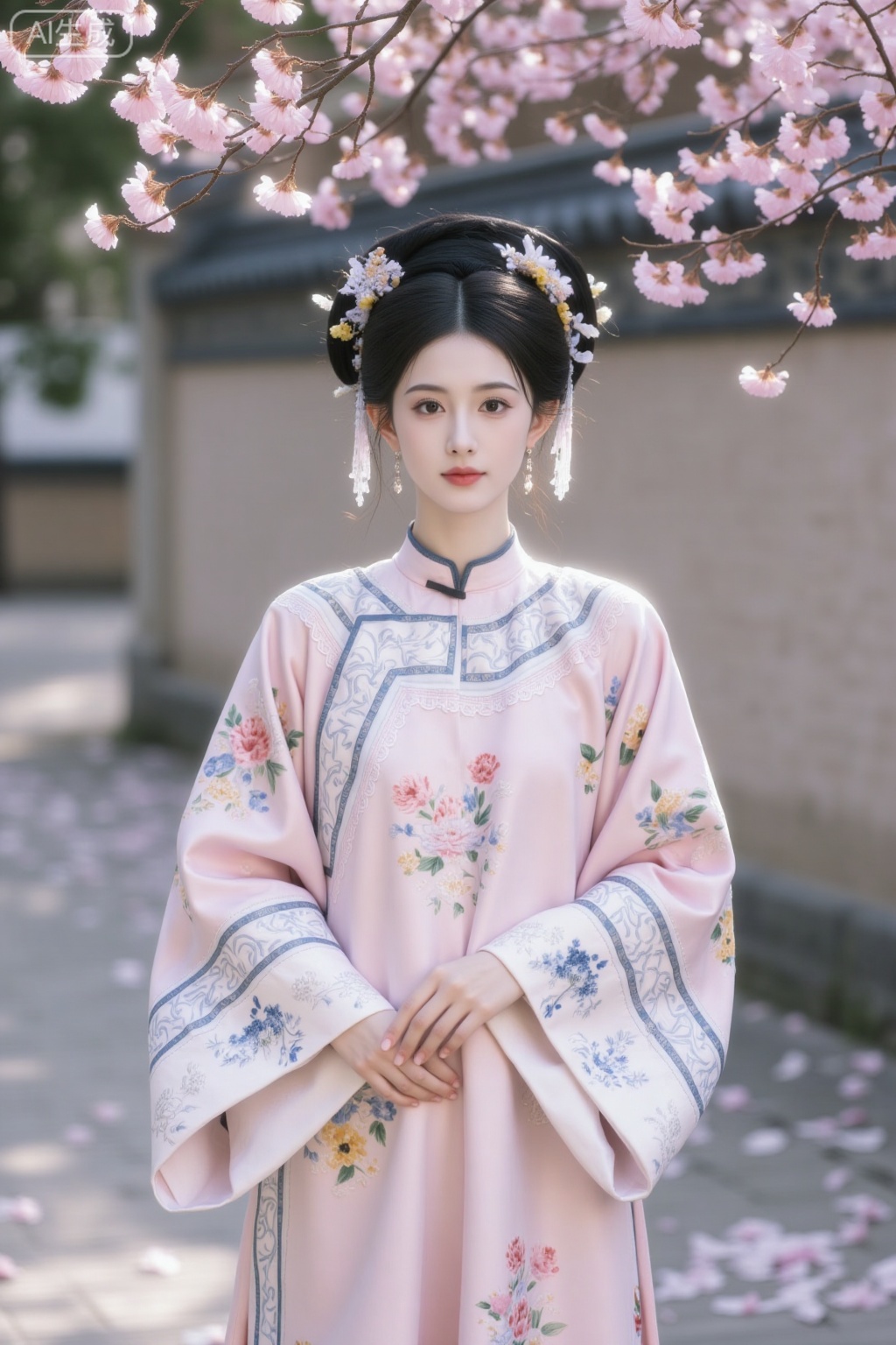 A 20-year-old girl, a delicate Qing Dynasty woman with updo hair, cold white skin, luxurious headwear, exquisite makeup, pink Qing Dynasty princess dress, palace walls, plum blossoms, panoramic view, high-definition picture quality, frontal photo, distant view, close-up shot of the upper body of the person. The artistic conception is beautiful and elegant, dignified and refined. Extraordinary temperament.