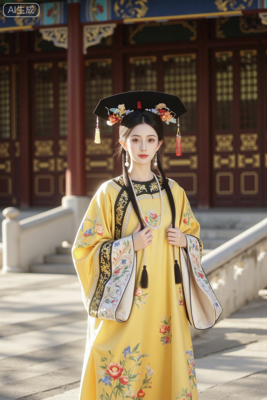 The empress of the Qing Dynasty, with a dignified and beautiful face, has a gentle and dignified front face, clear and bright eyes, a straight nose bridge, and slightly pursed red lips. Wearing a luxurious black velvet crown, the red velvet beads are dazzling and the eastern pearls are shining brightly. Dressed in bright yellow court robes, the robes were embroidered with exquisite patterns and the silk threads shone with golden light. [Exercise Description] : Standing upright and steady outside the palace gate, solemn and dignified. Outside the grand palace, tall and imposing palace gates stand tall, and the white marble steps shine in the sunlight. [Technical Requirements] : The camera moves horizontally at a constant speed, and the intense and concentrated light highlights the empresss frontal expression as well as the elaborate details of the yellow court dress.