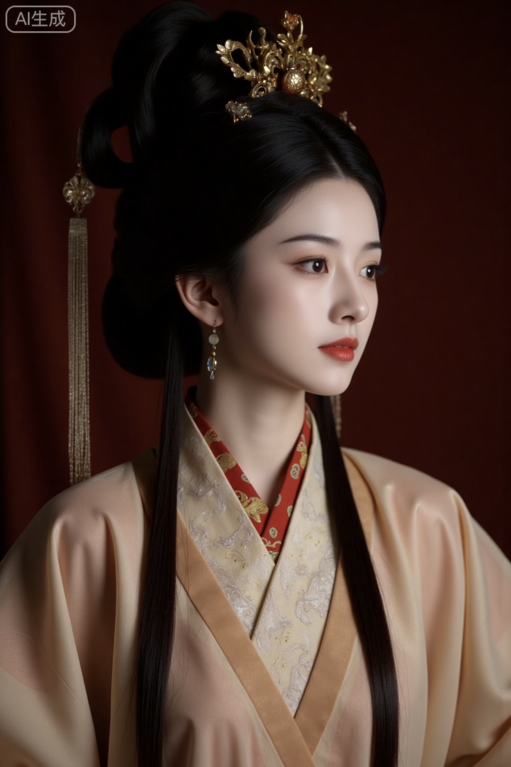 Wei Jin, A beautiful lady with a high bun, dressed in the clothing of the Wei and Jin Dynasties. Her attire is luxurious. A close-up of her half-length, a high-definition photography masterpiece. The masterful asymmetrical composition gives the character a sense of story and an emotional atmosphere, highlighting the visual impact. The background is in a solid color