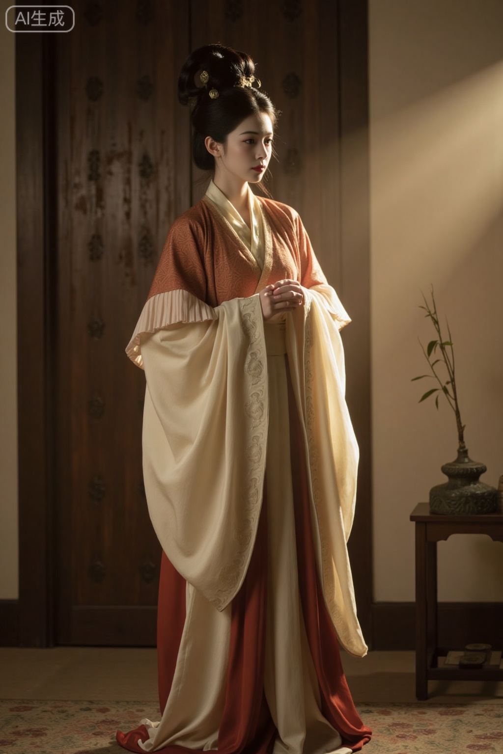 Wei Jin, In a picture with a retro tone, a woman from the Wei and Jin Dynasties, dressed in the popular hakama pleats (short-sleeved shirt and long pants) of the Northern Dynasties, is taking a photo shoot. She is wearing a high and divided Northern Dynasties flying bun, exuding a unique Wei and Jin Dynasty charm. Every detail is delicately depicted, and the interplay of light and shadow creates a dreamlike and illusory atmosphere
