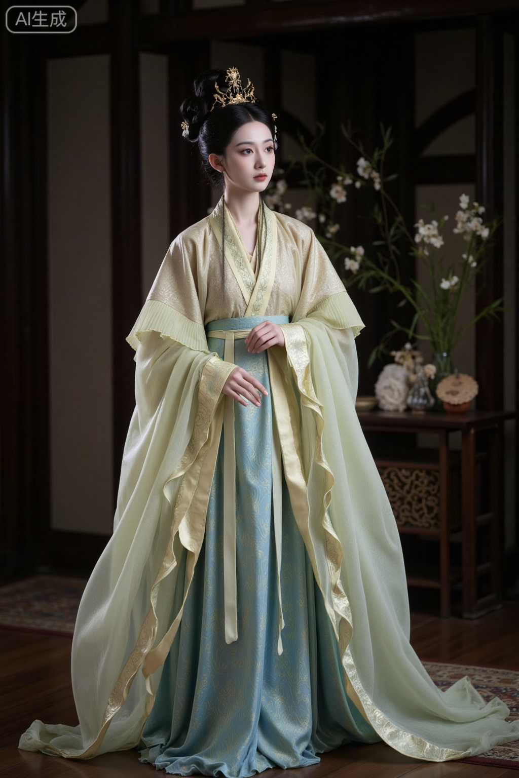 Wei Jin, The clothing of the Wei and Jin Dynasties, Wang Zhaojun, a stunning beauty, wore a floating brocade dress with tassels along the edges of the garment. Her jewelry was simple, with a single tassel on one side. She had fair skin and a beautiful appearance, exuding an exotic charm. The ultra-high-definition blue light was 32K