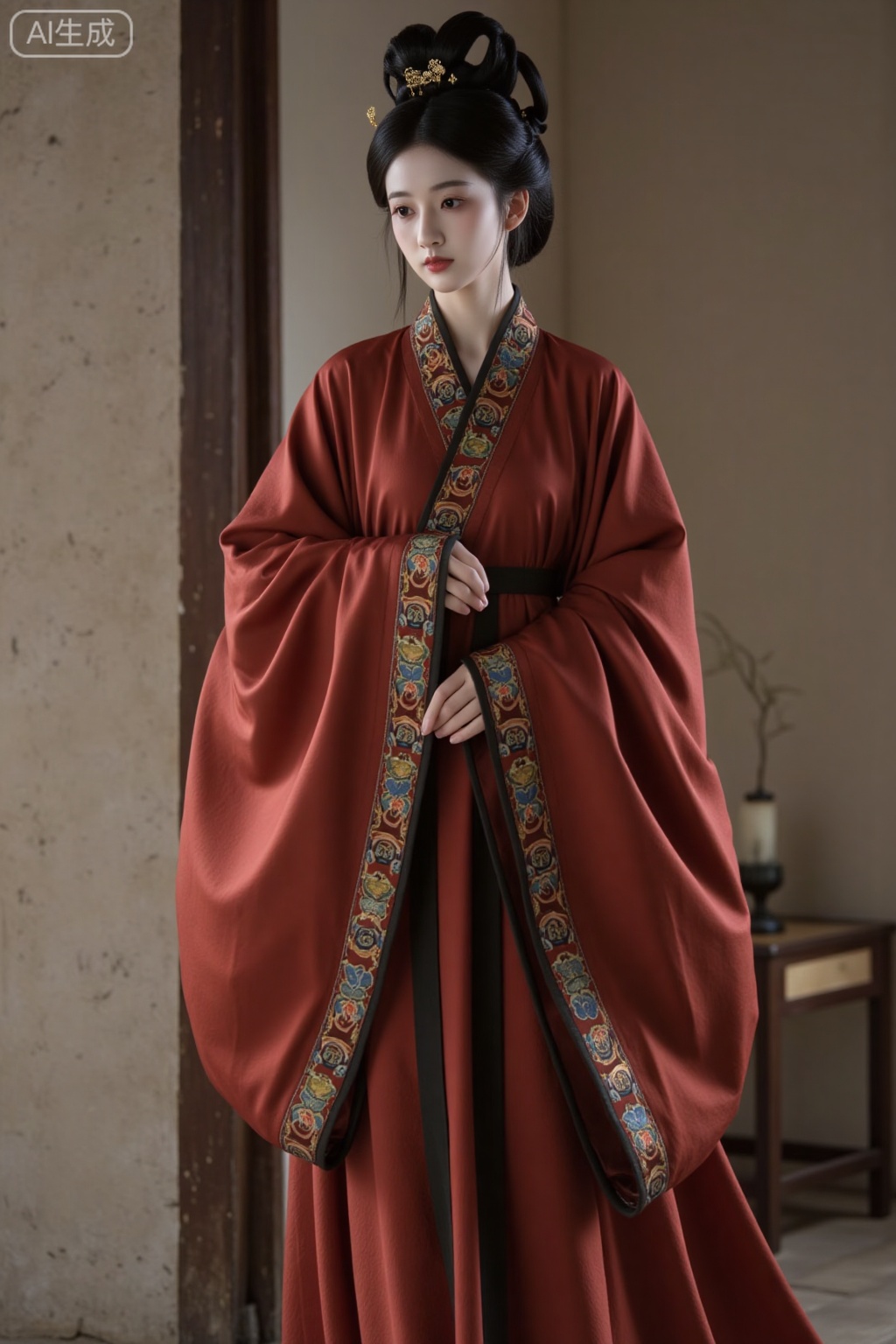 Wei Jin, A beautiful woman with the style of the Wei and Jin Dynasties, wearing a snake bun: she combs her hair into one or more strands and then twists and turns them like a snake, which is lively and full of variations, reflecting the style of the Wei and Jin periods that pursued the beauty of nature. The chignon can be high or low. A high and elegant chignon looks dignified and magnificent, while a low chignon appears more gentle and graceful. Wearing symmetrical gold steps. Dressed in a set of clothing with ancient charm: The overall style leans towards the Hanfu of the Wei and Jin Dynasties, free and elegant. It adopts a wide-sleeved and loose design. The garment is loose and has no obvious figure-hugging cuts. When worn, it naturally droops, presenting a loose and casual effect. As you walk, the sleeves flutter, exuding a sense of carefree ease. The collar is of a cross-collar and right lapel style. The neckline is slightly open and does not stick tightly to the neck, making it look more comfortable. The edges are decorated with colorful geometric patterns, adding a sense of refinement. The wide-sleeve design features a wide sleeve shape with slightly tightened cuffs, giving the overall look a loose and elegant appearance. The arms can move freely within the sleeves, and the loose sleeves sway with the wind, adding a more flowing and graceful touch. The waist is fastened with a black belt, but the belt is not tight. It is simply tied naturally, allowing the loose upper body of the garment to slightly gather at the waist, while the hem of the lower body naturally spreads out, still maintaining a loose shape, creating a laid-back yet elegant charm. The hem of the skirt is wide and has a strong drape. The length drags the ground, and the loose hem sways gracefully when walking, further enhancing the overall loose and flowing style. The main color of the clothing is deep red, which is profound and rich, highlighting a grand atmosphere. The edges of the collar and cuffs are