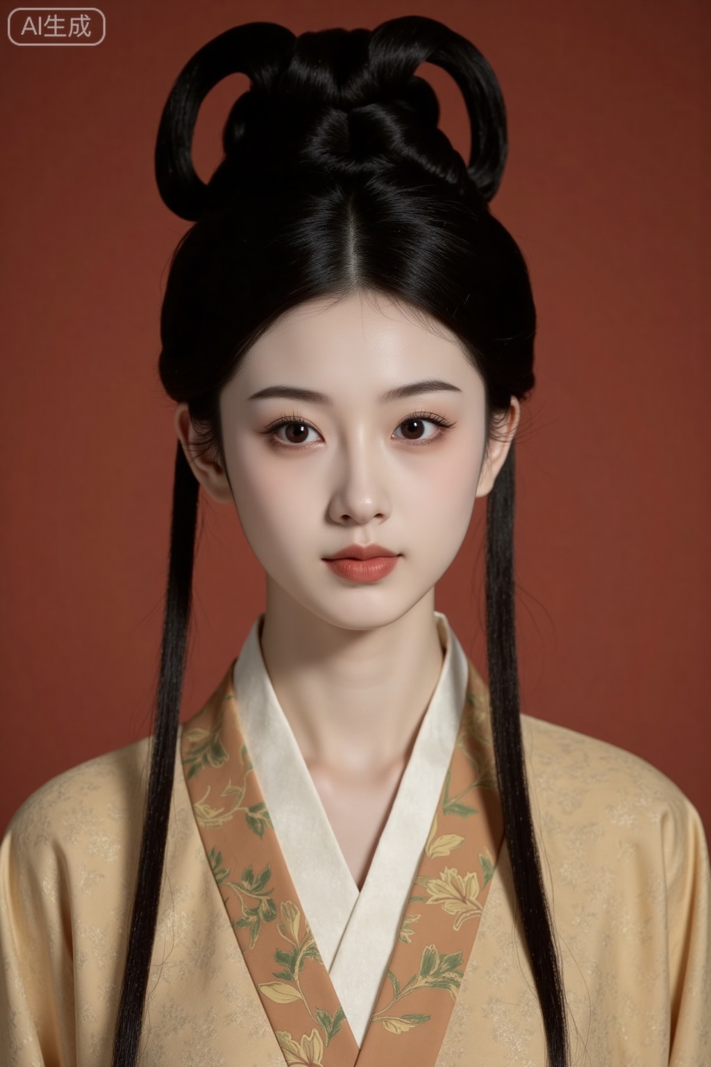 Photo of a beautiful woman from the Wei, Jin, Southern and Northern Dynasties, ancient style, high bun, Wei and Jin period, gorgeous clothing, solid color background, facial close-up, realistic, lens halo, large light circle, clean image, minimalism, plenty of white space, masterpiece, award-winning work