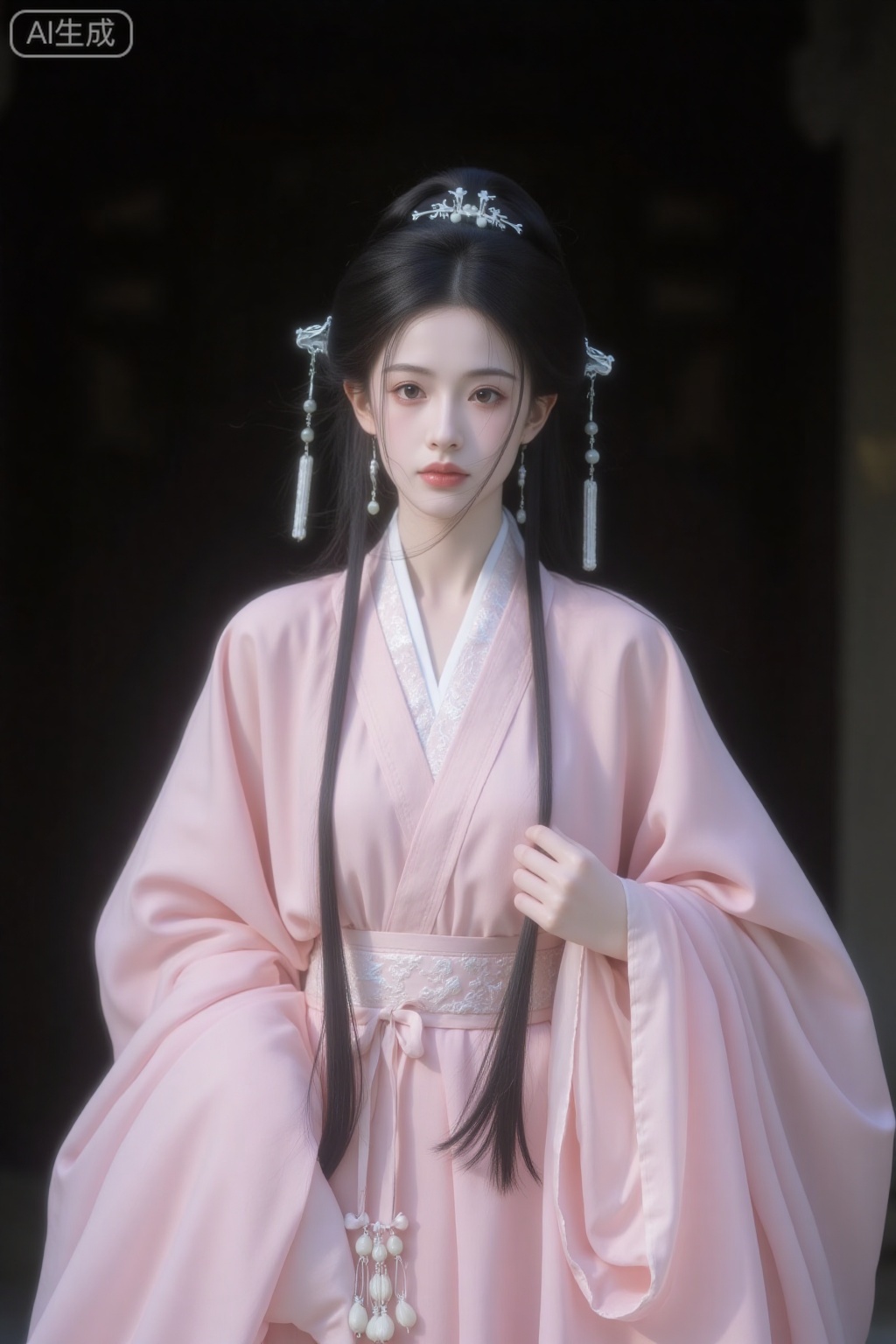Sengoku, Dreamy and aesthetic style: the model is a real person with snow-white skin, around 20 years old. She is dressed in a robe from the Warring States period, with simple hair accessories, silver jewelry, tasselled pendants, and jade ornaments. The atmosphere is somewhat desolate, set against a indoor background. The photo style is akin to a real-life portrait, capturing the art of light and shadow as well as the overall mood of the scene. The image shows the model in a full-body shot, with a predominantly pink hue.