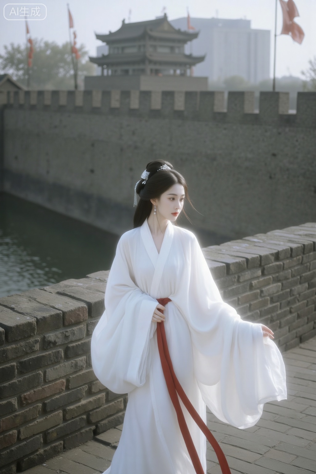 Realistic photography, Xian city wall, Warring States period robe, ancient costume, beautiful womans back in a white long dress and red hair rope, looking back, retro feeling, ancient costume movie feeling, atmosphere, delicate and novel composition, emotional photography, three-dimensional facial features, perfect figure, melon seed face, exquisite makeup, stunning eyes, affectionate gaze, film photography, lens language, ultra-high beauty, both visual and on-site senses, emotional atmosphere fully filled, perspective sense, dim light, hazy light, whitening, fading, light leakage, film grain texture, rich layers, retro, surreal, high-end sense, masterpiece, exquisite composition, movie texture, award-winning work, 32K high-definition picture quality, 32K delicate real person skin texture.