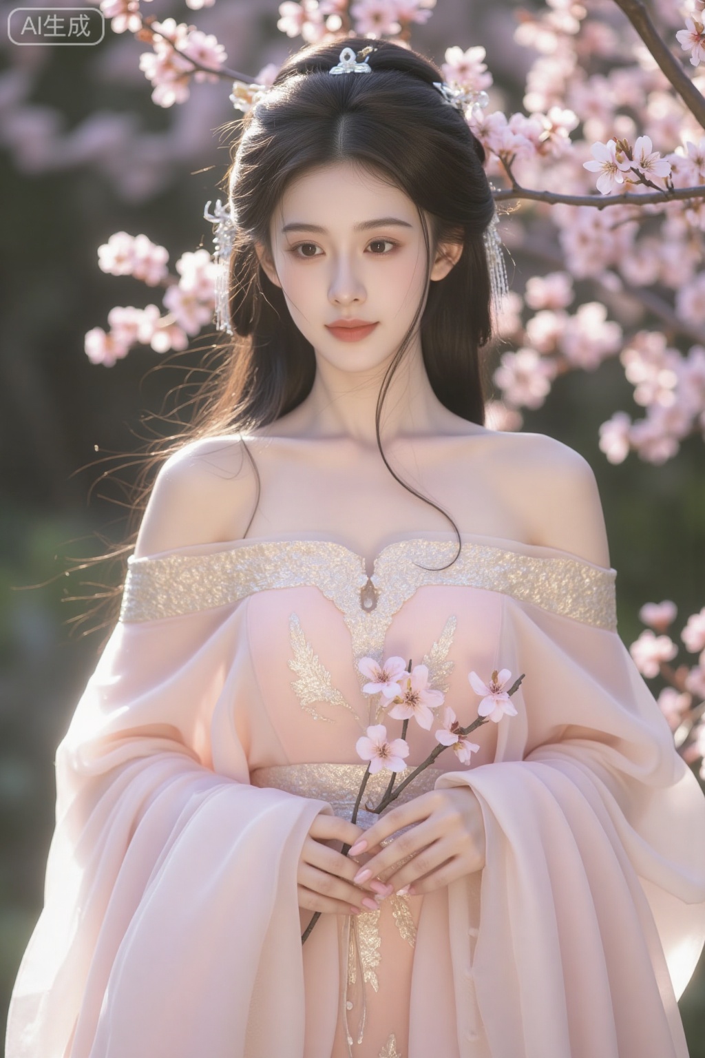 The off shoulder gold embellished Warring States style robe features a melancholic expression design and a super realistic high-definition texture skin effect; The soft lighting effect creates a romantic atmosphere like peach blossoms. The model is wearing a transparent dress, holding peach blossoms in her hands, with an elegant posture and a gentle smile on her face; The makeup is natural, with light pink as the main color tone, paired with blooming peach blossoms, forming a highly narrative composition. The image adopts a shallow depth of field effect and soft blurring processing, and the artistic composition technique makes the entire scene appear dreamlike. The rich texture details create a peaceful and tranquil atmosphere, fully showcasing the unique charm and exquisite elegance of Chinese culture. The entire work is filled with a dreamlike atmosphere, showcasing unparalleled aesthetic value in both color matching and detail processing.