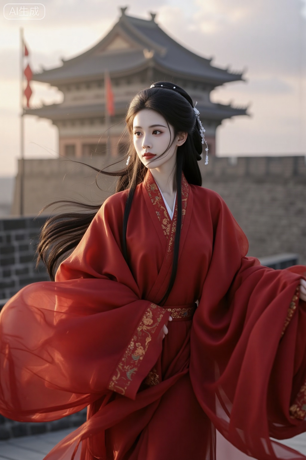 Sengoku, She was dressed in a red robe from the Warring States period; her sleeves fluttered gracefully, as fiery as flames yet exuding a coolness. Her features were as pure as frost, her eyes sparkling with the light of distant stars; her red lips were slightly pursed, untouched by the mundane world. Her long, flowing hair swayed in the wind as she stood atop an ancient tower, as if she had emerged from a thousand years of history—solemn and utterly beautiful, too majestic to be defiled.Her brows were like distant mountains shaded with ink; her eyes were like autumn waters frozen with frost. Her red lips parted slightly in a smile that was neither truly a smile nor a frown; her skin was as smooth as congealed fat, and her hair fell in cascades down her back. Her demeanor was as cool as the moon, and she resembled a fairy from a painting.The shot was taken against the light, from a low angle with a long lens that created a blurred background; the shutter speed was slow to capture the focus, and a wide-angle lens was used to create a sense of depth. The details were clear, the colors were vibrant, the layers of light and shadow were rich, the composition was exquisite, and the texture was delicate.