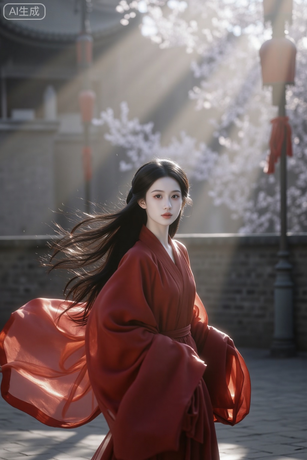 Blurriness, hazy aesthetics, global hazy blur blur blur, fashion, Warring States women, cool and gentle, red robe, flying cuff, sense of destiny, atmosphere, under the ancient city gate, ancient style, overhead perspective, professional lens, master level photography, film and television composition, characters like cherry blossom trees, clothing and accessories complex, cumbersome, high-quality, abstract, multiple, crazy, out of control, blank, faintly blurred portrait blur, messy and prominent hair and ribbons, dynamic blur, edge blur, black and white, gray, dark, multiple exposures, defocusing, ultra wide angle, strong perspective, depth of field, high noise, strong film graininess, dynamic aesthetics, diffuse blur blending, hazy aesthetics, exaggeration Composition, surreal, vivid and perfect details, masterpiece