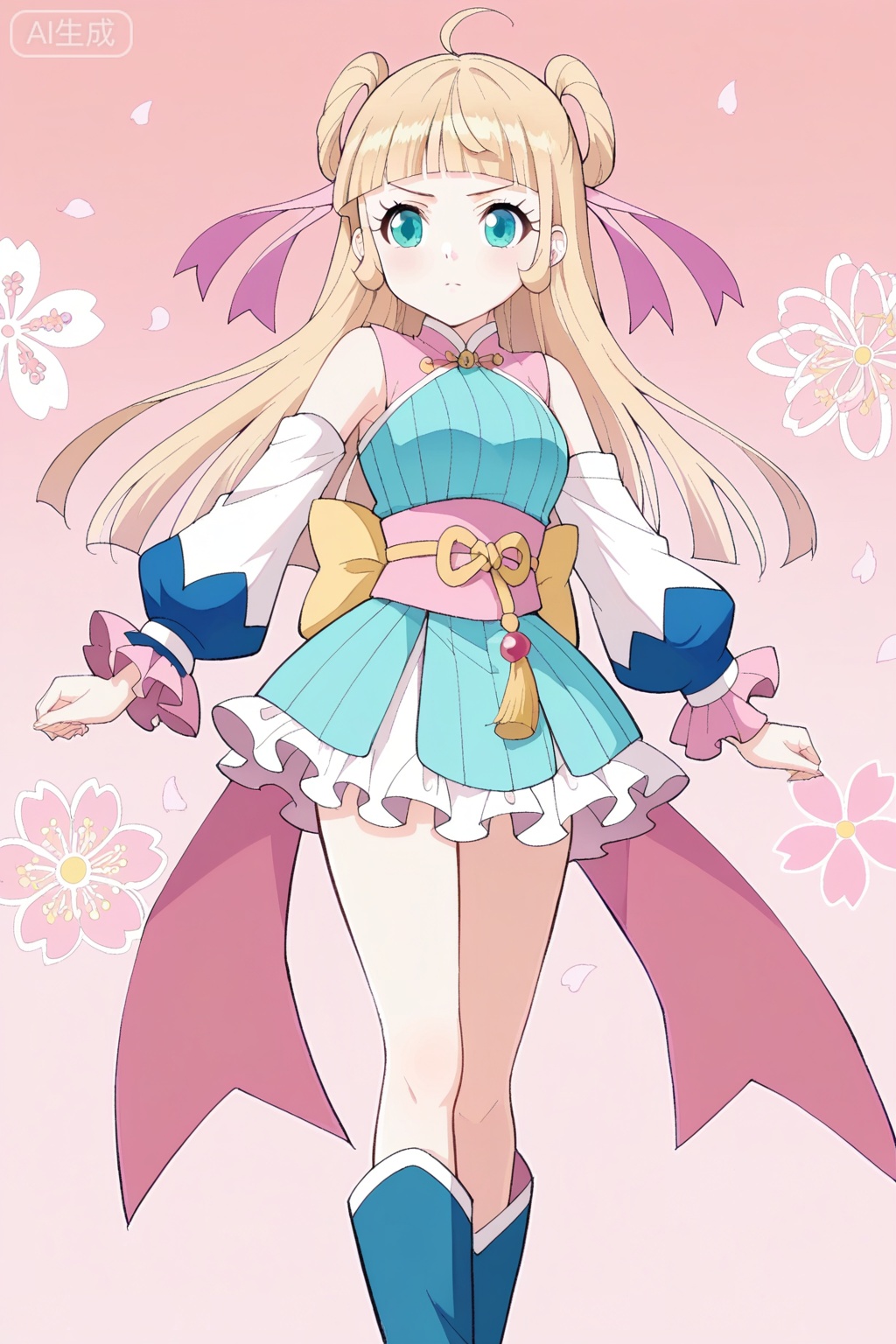 慕青鸾,1girl, solo, blonde hair, twin buns, long hair, ahoge, blunt bangs, teal eyes, anime style,blue and pink outfit, oriental dress, short dress, frilled skirt, pink sash, golden bow, detached sleeves, long sleeves, blue boots, big cuffs, ribbon details, open shoulders,