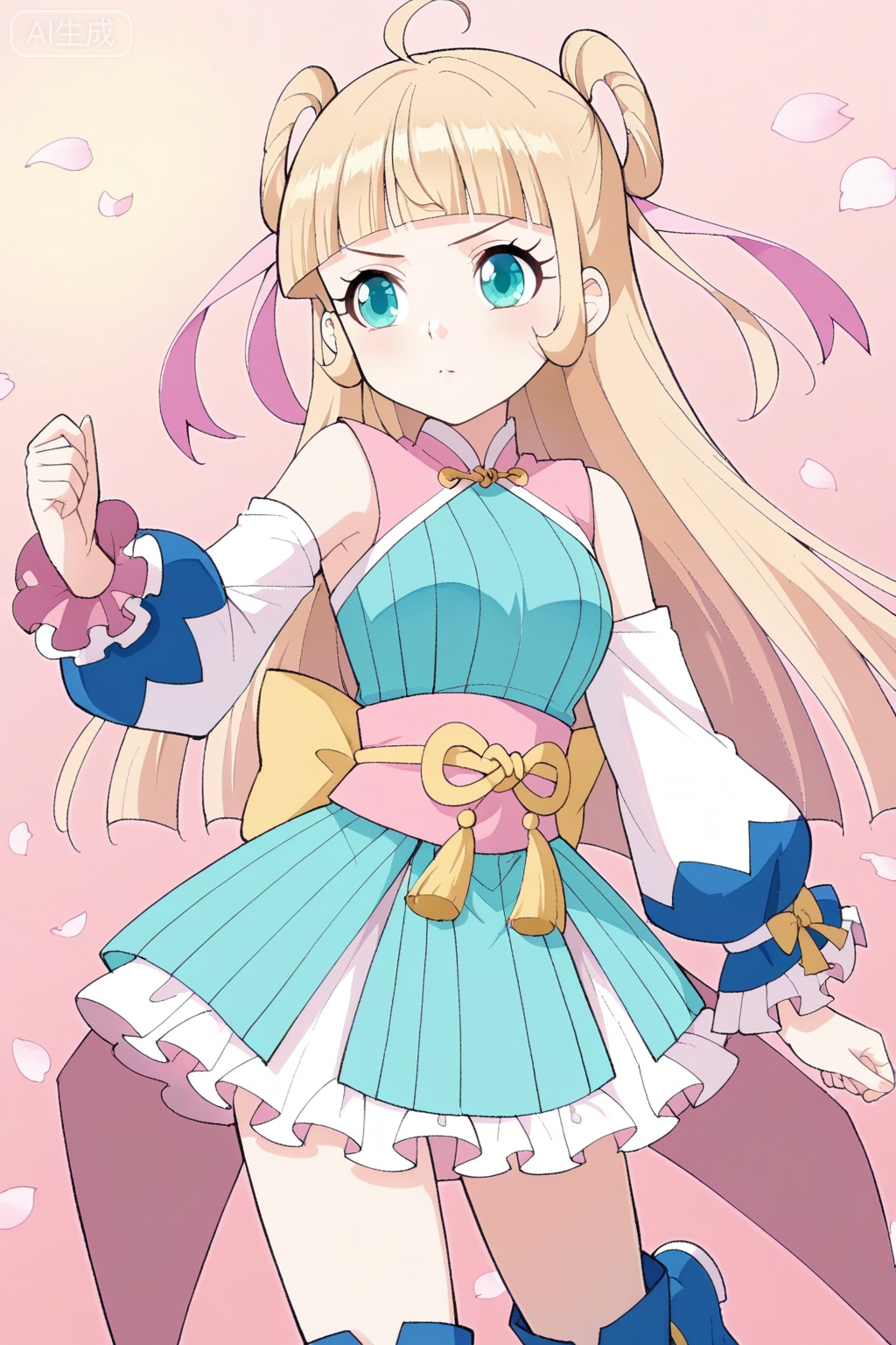 慕青鸾,1girl, solo, blonde hair, twin buns, long hair, ahoge, blunt bangs, teal eyes, anime style,blue and pink outfit, oriental dress, short dress, frilled skirt, pink sash, golden bow, detached sleeves, long sleeves, blue boots, big cuffs, ribbon details, open shoulders,