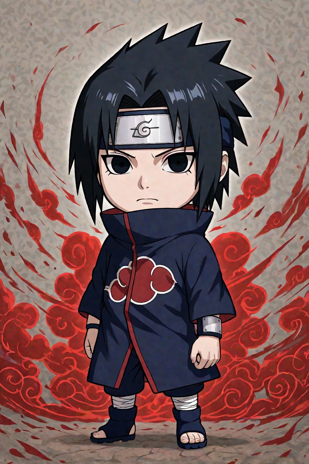 Create a chibi version of Uchiha Sasuke. Depict him in a solo scene,  with a boyish face but retaining his iconic features...