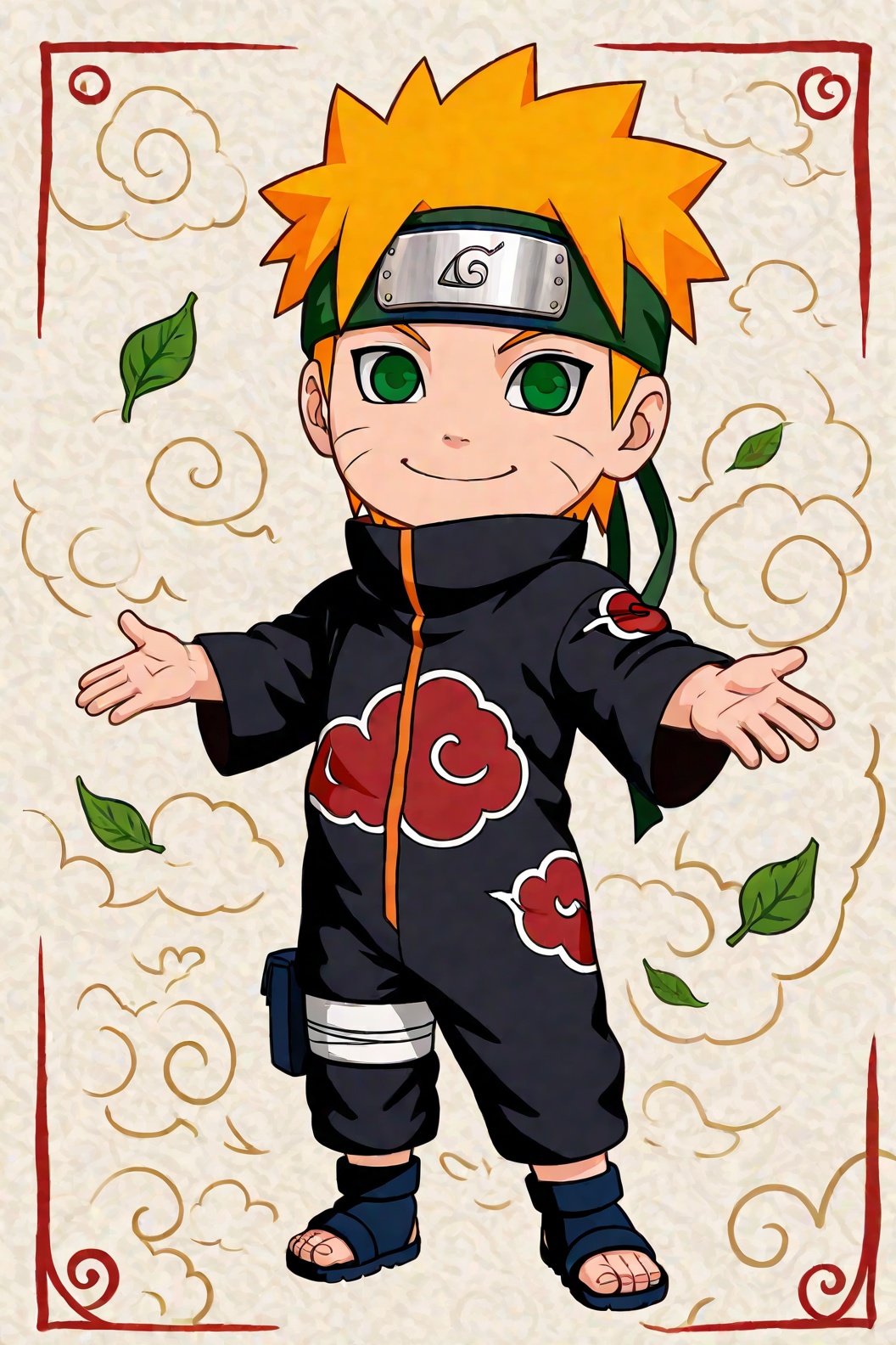 Create a chibi version of Naruto Uzumaki,  featuring a solo 1boy character. Capture his distinctive spiky orange hair and...