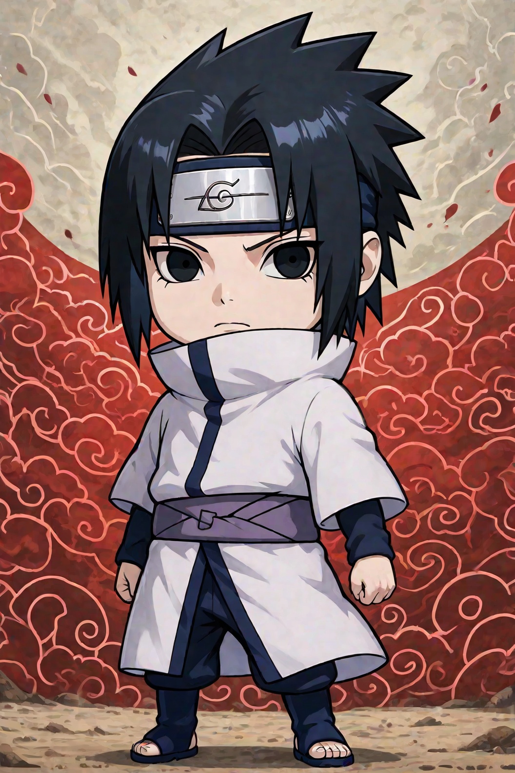 Create a chibi version of Uchiha Sasuke. Depict him in a solo scene,  with a boyish face but retaining his iconic features...