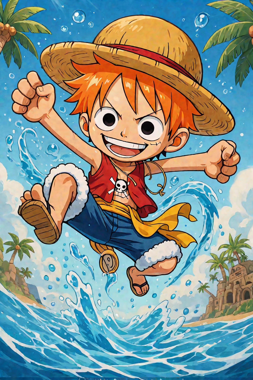 Create a chibi version of Monkey D. Luffy,  depicting a solo,  1boy character. Use vibrant colors and a playful on Tensor.Art