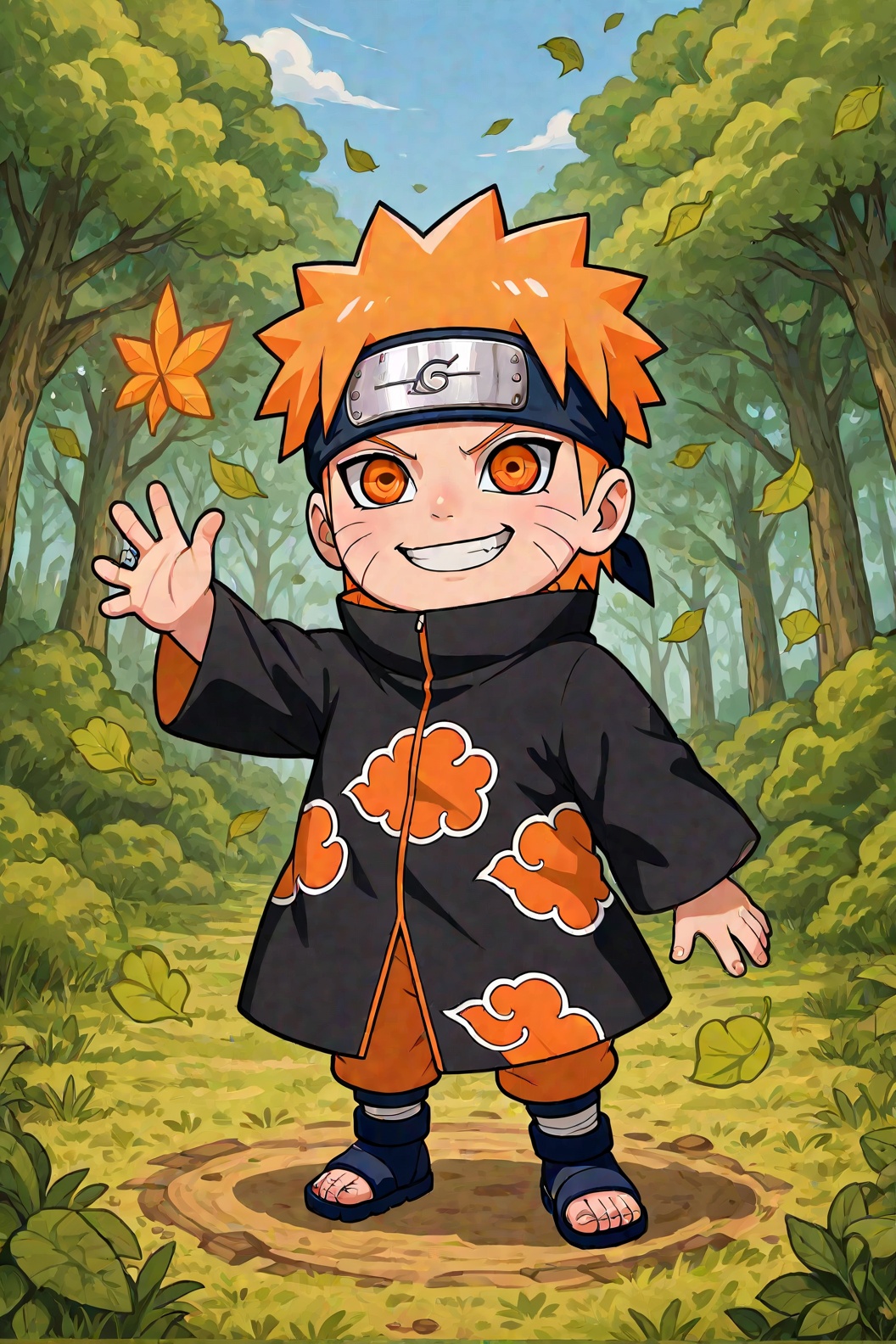 Create a chibi version of Naruto,  with big expressive eyes and a mischievous grin. Dress him in his traditional orange an...