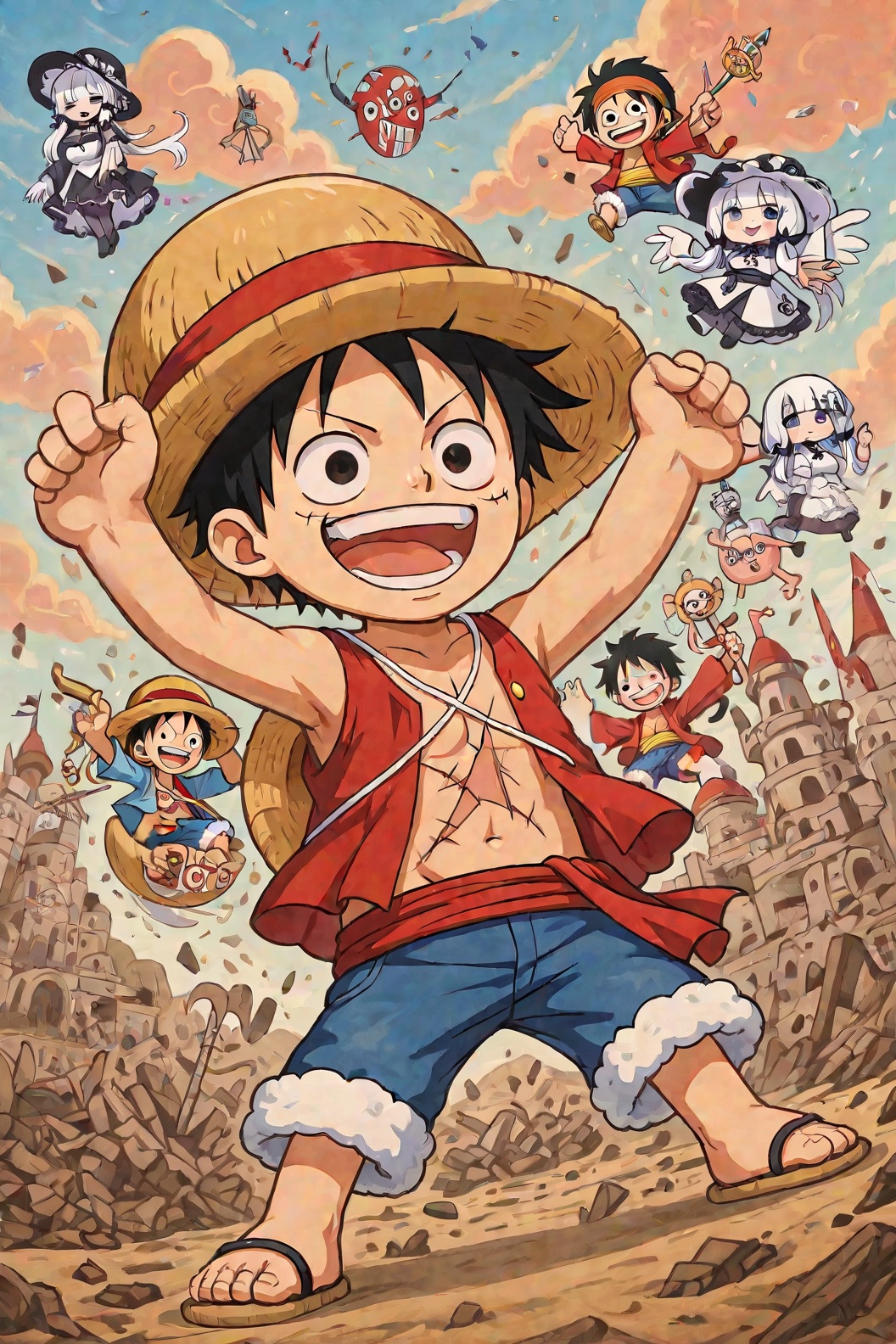 Create a chibi version of Monkey D. Luffy,  depicting him with large expressive eyes and a slightly exaggerated,  playful...