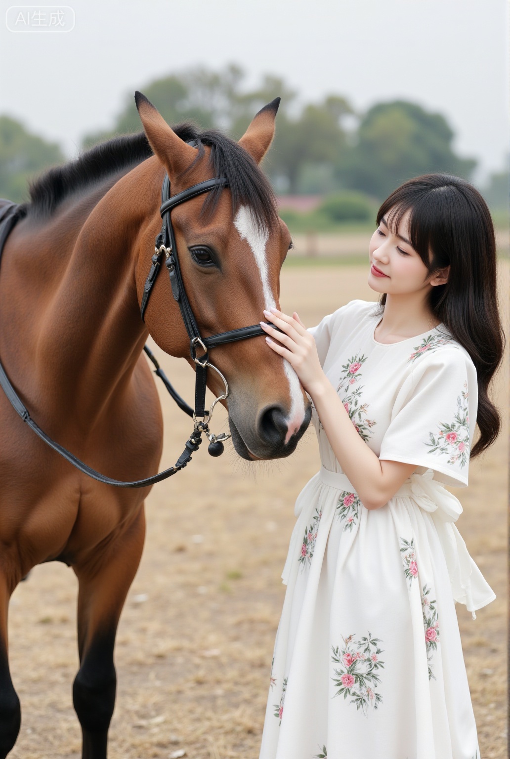 The image shows a woman in a white dress with floral patterns standing close to a brown horse. The horse has a bridle on its head, and the woman is gently touching its forehead with her right hand. The background consists of an open field with some blurred trees in the distance, creating a serene and natural setting.