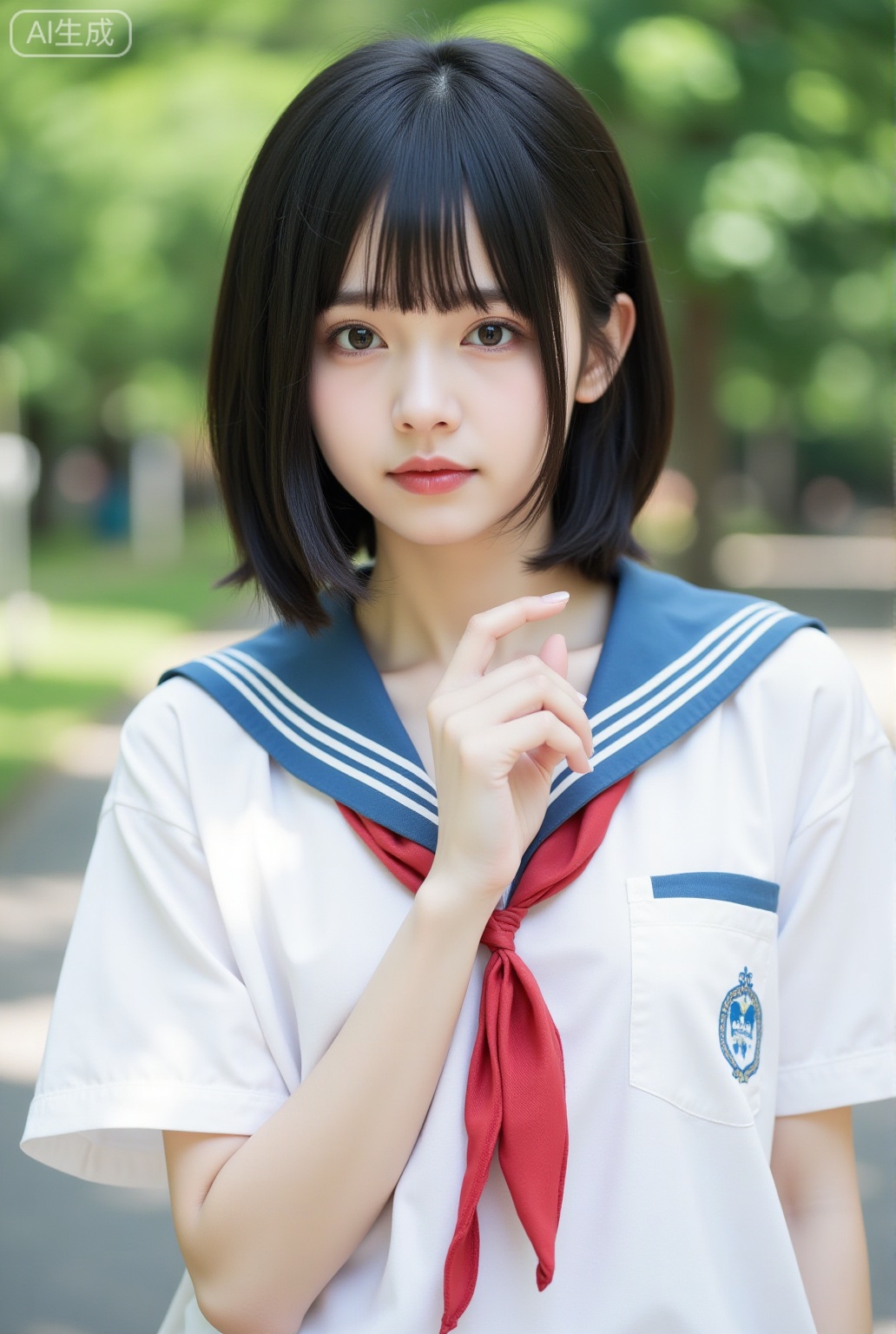 1girl,solo,looking at viewer,short hair,shirt,black hair,closed mouth,school uniform,white shirt,upper body,short sleeves,outdoors,day,serafuku,hand up,blunt bangs,sailor collar,blurry,black eyes,neckerchief,lips,blurry background,depth of field,bob cut,blue sailor collar,red neckerchief,realistic,red lips,asian