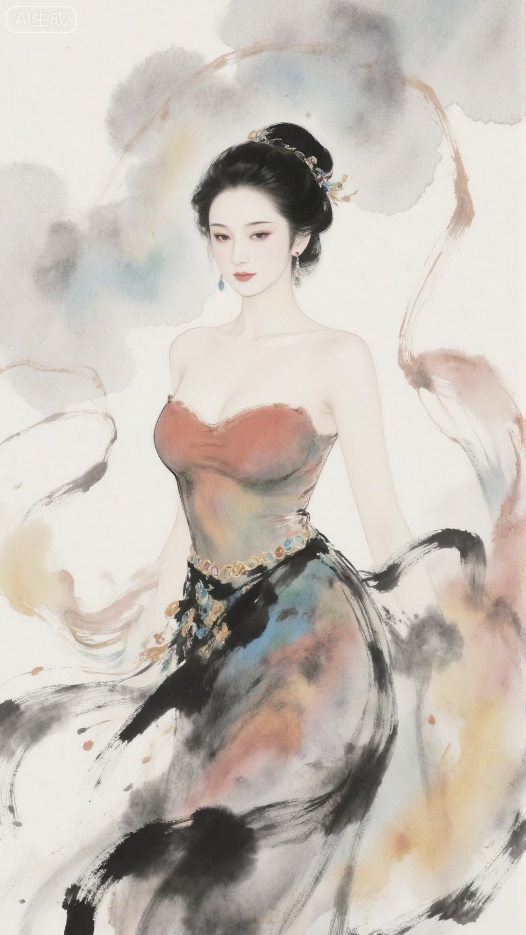 New Chinese ink wash style, classical portrait of a lady. A black high bun is tied into a bun, adorned with jewelry and tassels; Wearing water droplet earrings and a strapless skirt, paired with a ribbon, the brush strokes on the hem are grand and dynamic. The background is a light ink blend of clouds and smoke, with an overall elegant and luxurious color tone that blends delicate brushwork with ink and wash freehand brushwork, highlighting the elegance and charm of a lady with a Chinese style charm.