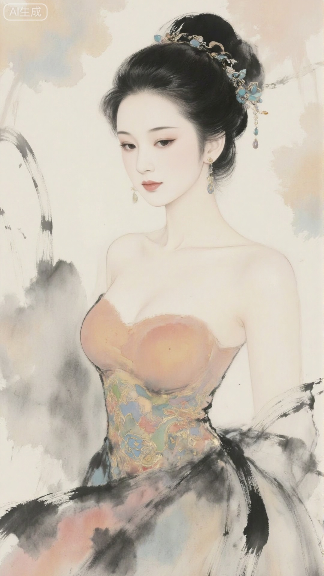 New Chinese ink wash style, classical portrait of a lady. A black high bun is tied into a bun, adorned with jewelry and tassels; Wearing water droplet earrings and a strapless skirt, paired with a ribbon, the brush strokes on the hem are grand and dynamic. The background is a light ink blend of clouds and smoke, with an overall elegant and luxurious color tone that blends delicate brushwork with ink and wash freehand brushwork, highlighting the elegance and charm of a lady with a Chinese style charm.