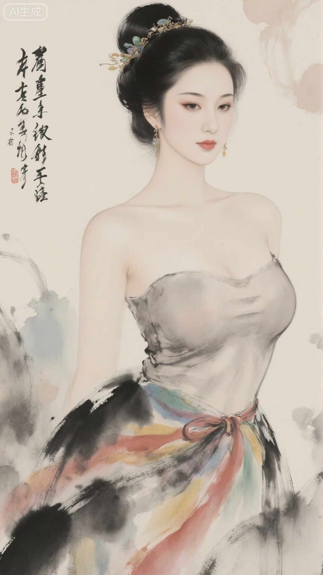 New Chinese ink wash style, classical portrait of a lady. A black high bun is tied into a bun, adorned with jewelry and tassels; Wearing water droplet earrings and a strapless skirt, paired with a ribbon, the brush strokes on the hem are grand and dynamic. The background is a light ink blend of clouds and smoke, with an overall elegant and luxurious color tone that blends delicate brushwork with ink and wash freehand brushwork, highlighting the elegance and charm of a lady with a Chinese style charm.