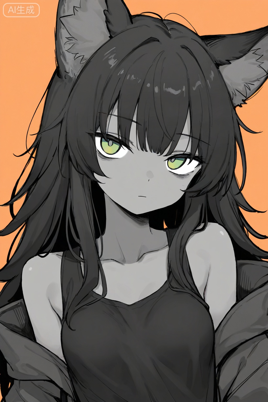 (best quality),(amazing quality),(very aesthetic),1girl, solo, animal ears, looking at viewer, long hair, simple background, closed mouth, orange background, greyscale with colored background, black hair, jacket (open), bare shoulders, small breasts, green eyes, dark-skinned female (subtle), black **** top under jacket, upper body, sketch, limited palette