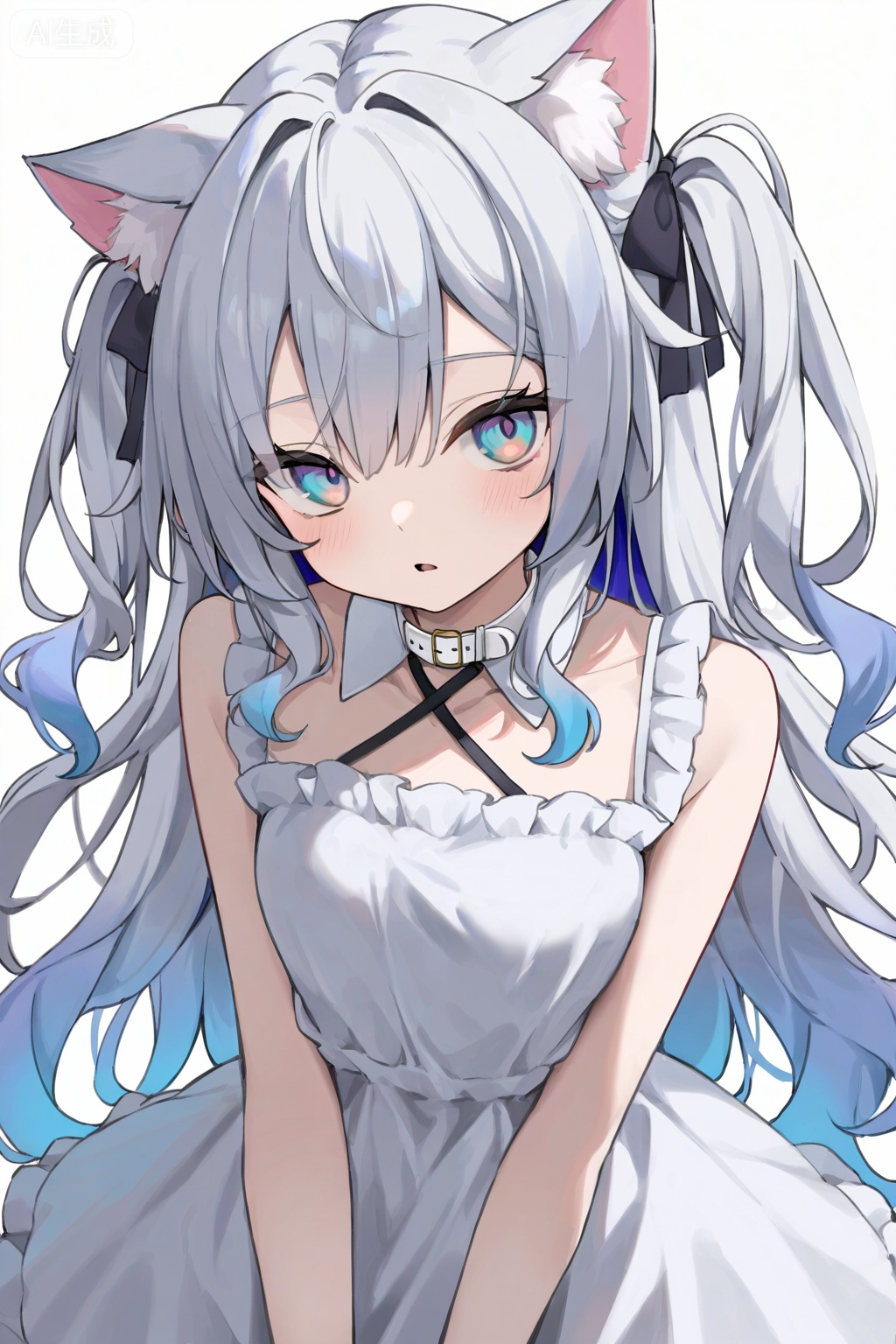 1girl, solo, long hair, dress, animal ears, white background, simple background, white dress, looking at viewer, blue hair, multicolored hair, upper body, cat ears, parted lips, blue eyes, sleeveless dress, sleeveless, white collar, detached collar, gradient hair, v arms, bare shoulders, floating hair, colored tips, frills, bare arms, collar, light blue hair, white hair, very long hair, multicolored eyes, frilled dress