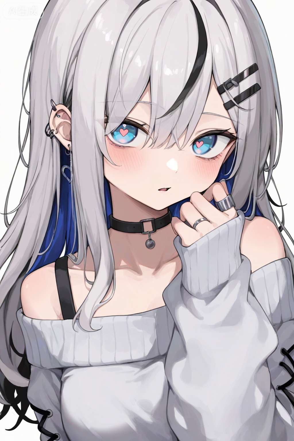 1girl,solo,jewelry,black hair,ring,heart,hair ornament,sweater,looking at viewer,long hair,earrings,multicolored hair,choker,white background,parted lips,hairclip,off shoulder,white hair,off-shoulder sweater,bangs,simple background,long sleeves,ear piercing,piercing,blue eyes,upper body,sleeves past wrists,white sweater,hand up,two-tone hair,symbol-shaped pupils,hair between eyes,collarbone,bare shoulders,black choker,blush,