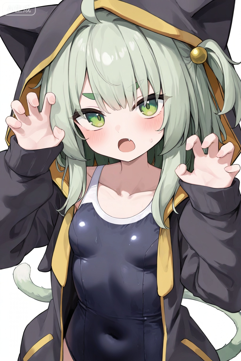 1girl, solo, long hair, looking at viewer, blush, open mouth, bangs, simple background, hair ornament, long sleeves, white background, animal ears, green eyes, collarbone, jacket, tail, ahoge, green hair, fang, puffy sleeves, cat ears, hood, cat tail, animal ear fluff, one-piece swimsuit, sleeves past wrists, hands up, fake animal ears, one side up, thick eyebrows, **** top, hair bobbles, cat girl, hooded jacket, puffy long sleeves, hood up, animal hood, claw pose, black top, cat hood
